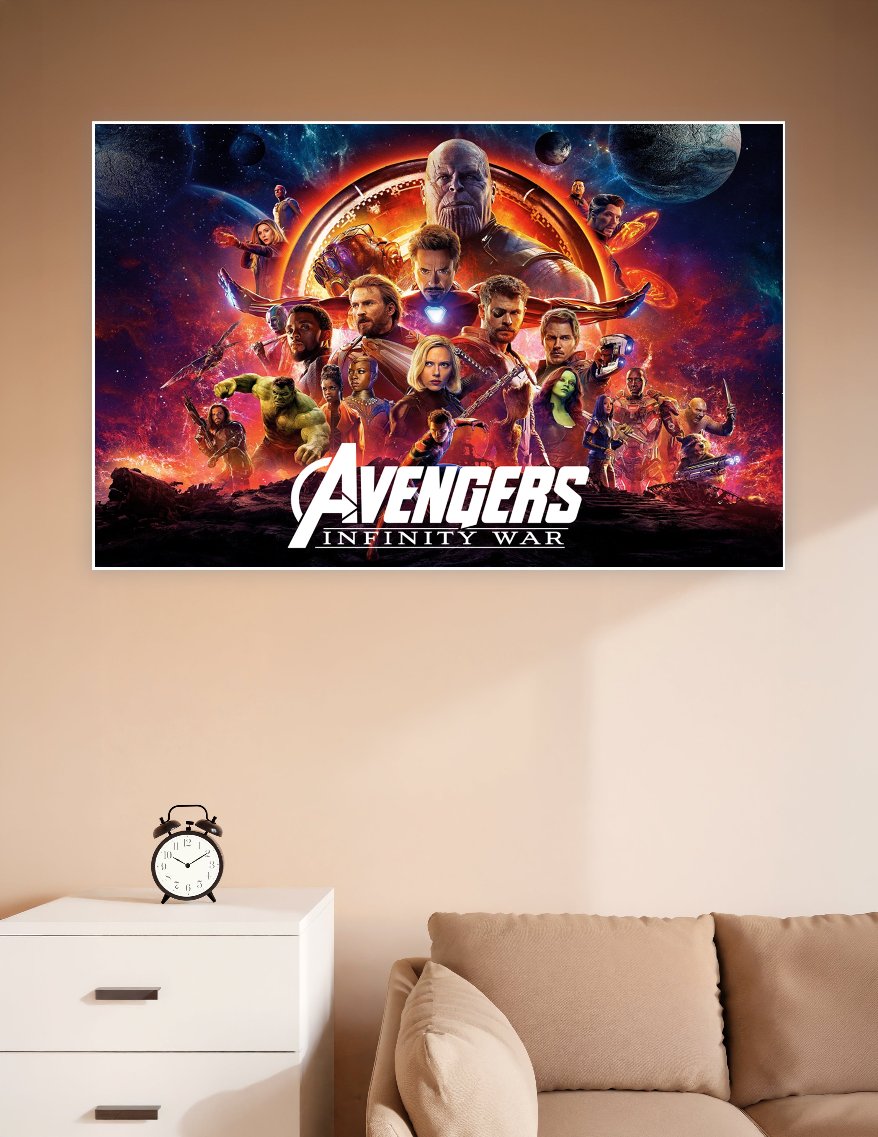 Avengers Infinity War official movie poster featuring Thanos with the Infinity Gauntlet surrounded by Iron Man, Captain America, Thor, Black Panther, and the full Marvel Avengers cast against a fiery cosmic background