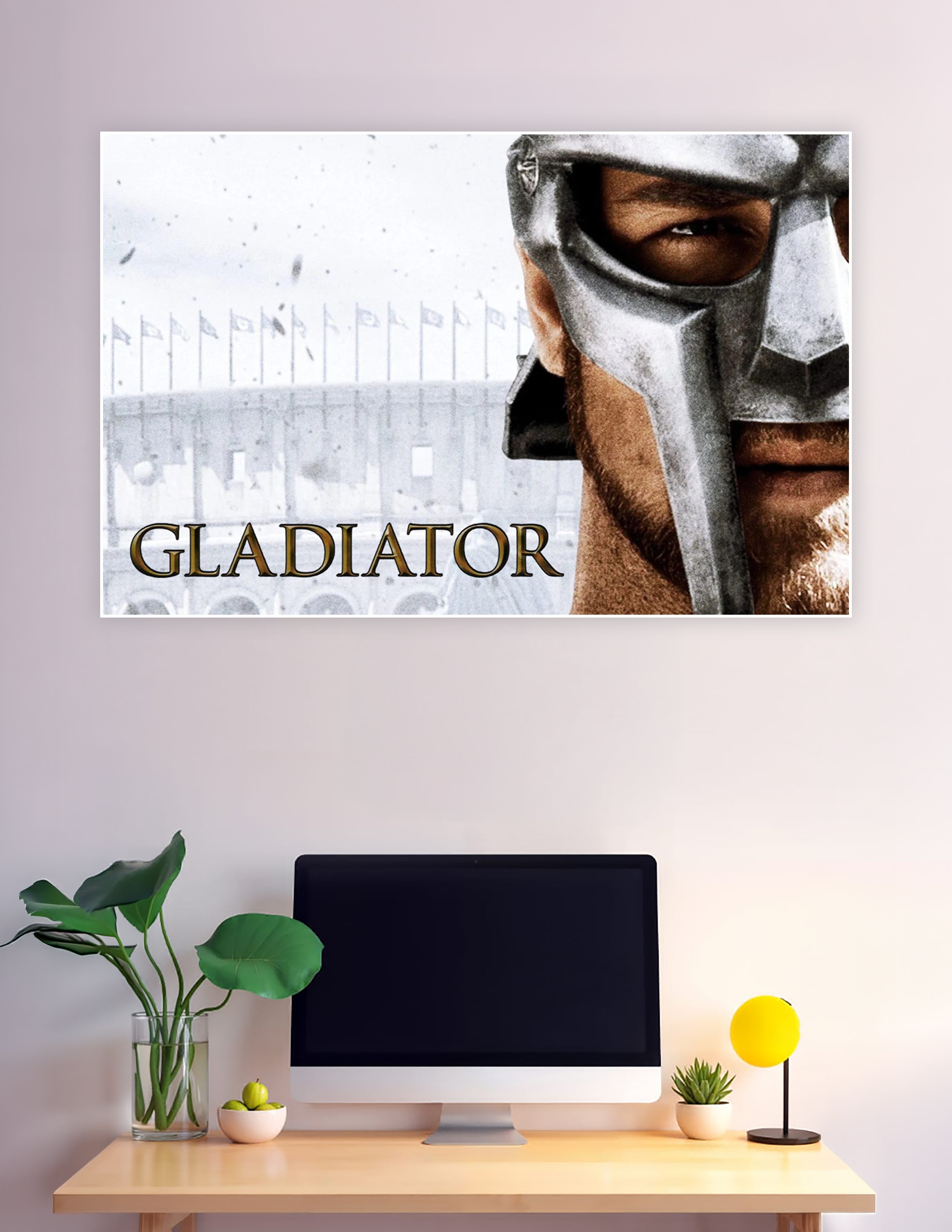 Close-up of a gladiator in a silver Roman helmet with the Colosseum in the background and the word GLADIATOR in bold gold text