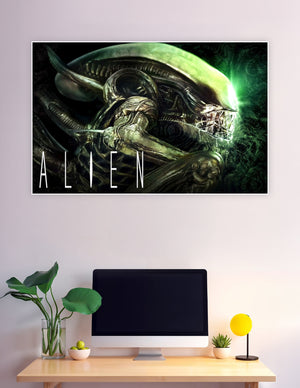 Close-up Alien Xenomorph poster with glowing green bioluminescent background and detailed biomechanical texture, titled ALIEN