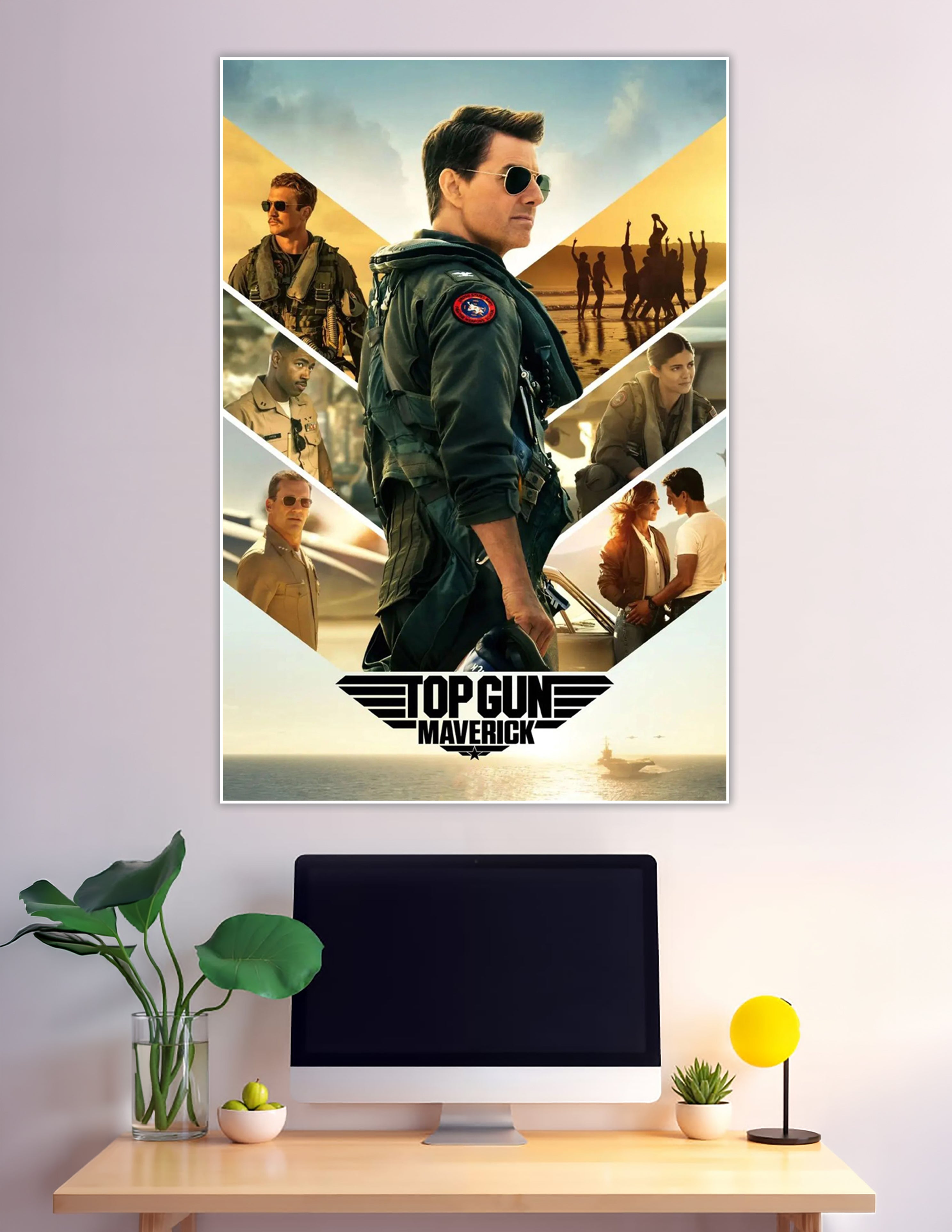 Top Gun Maverick official movie poster featuring the lead pilot in flight gear with aviator sunglasses, surrounded by cast members in a bold chevron layout with golden cinematic tones