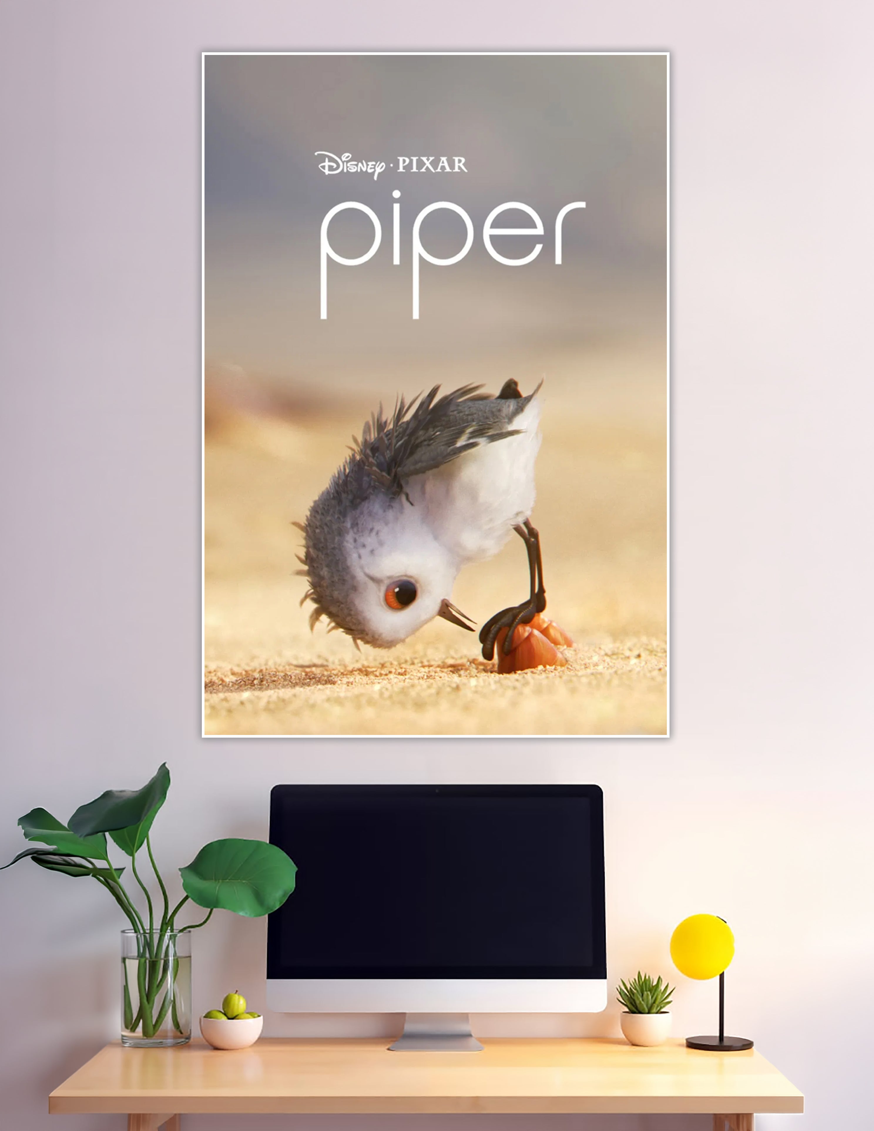 Disney Pixar Piper animated short film poster showing a fluffy baby sandpiper chick bending down on a golden sandy beach