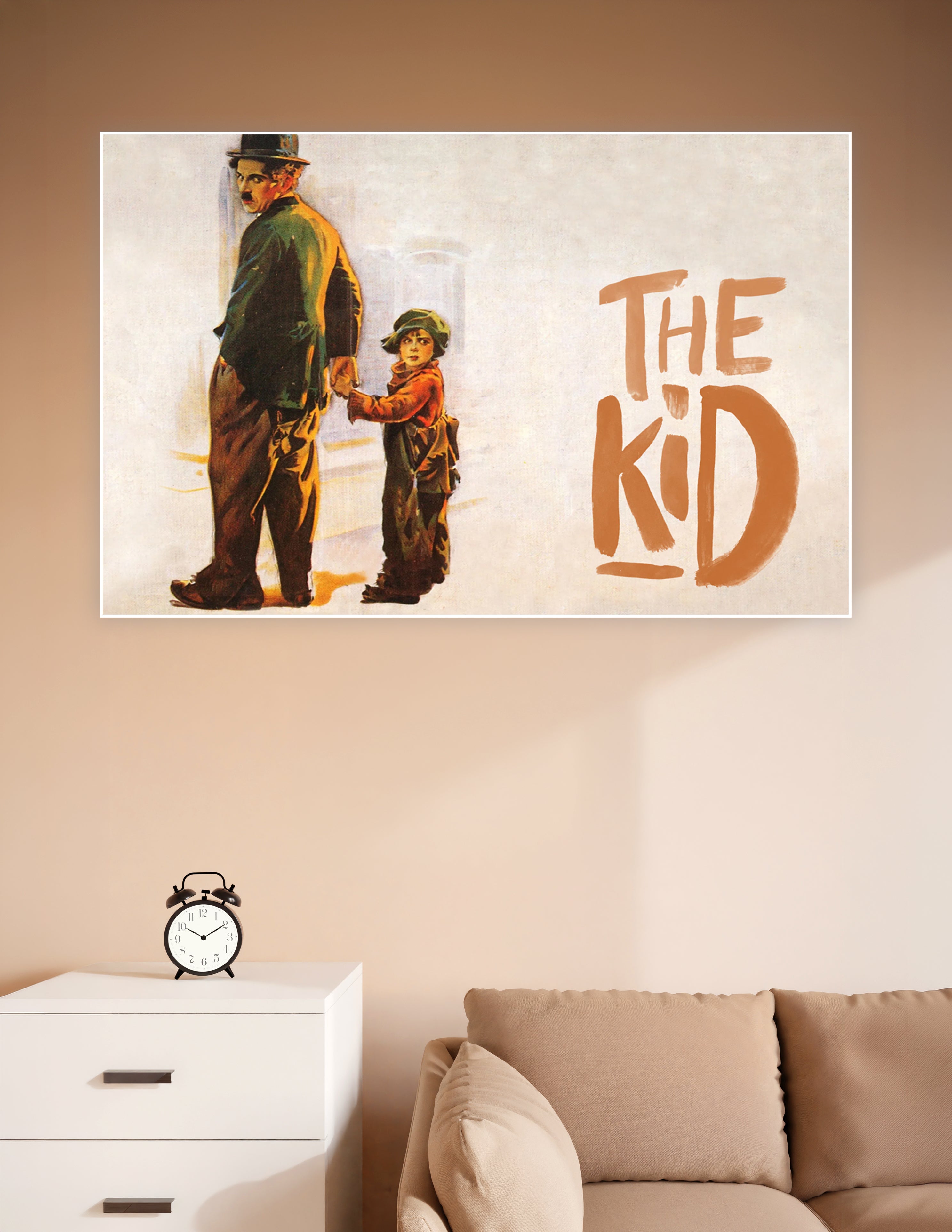 Vintage illustrated poster of Charlie Chaplin as the Tramp holding hands with a young boy from the 1921 silent film The Kid, with warm earthy tones and bold title lettering