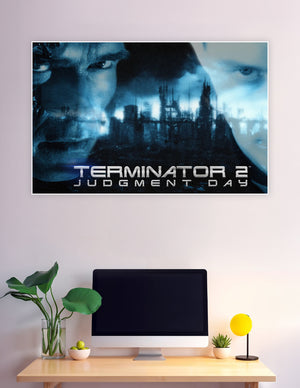 Terminator 2 Judgment Day movie poster with dual-face blue-toned composition and dystopian cityscape background