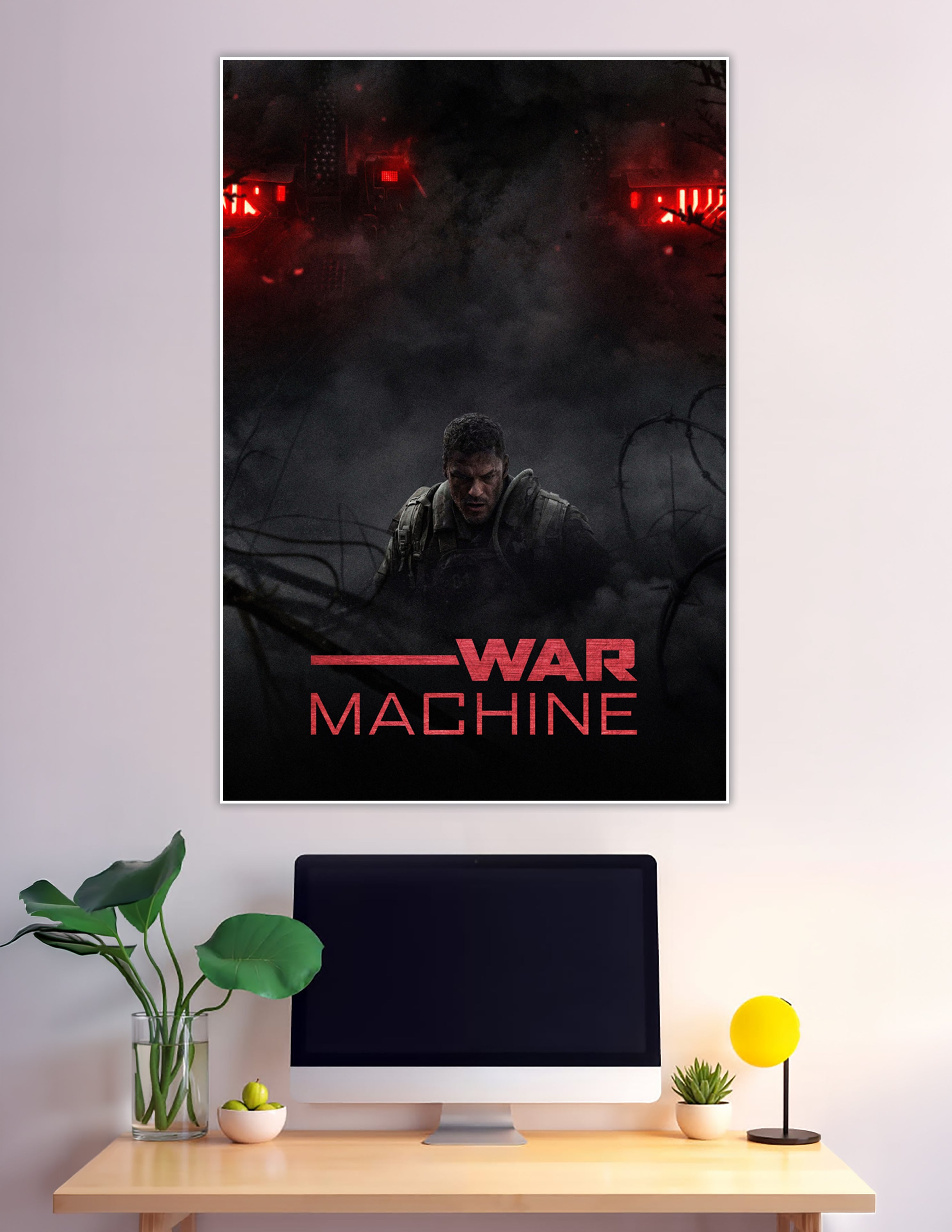 Dark cinematic War Machine movie poster showing a battle-worn soldier crouching beneath glowing red-eyed mechanical war machines in a smoky battlefield