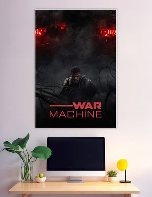 Dark cinematic War Machine movie poster showing a battle-worn soldier crouching beneath glowing red-eyed mechanical war machines in a smoky battlefield