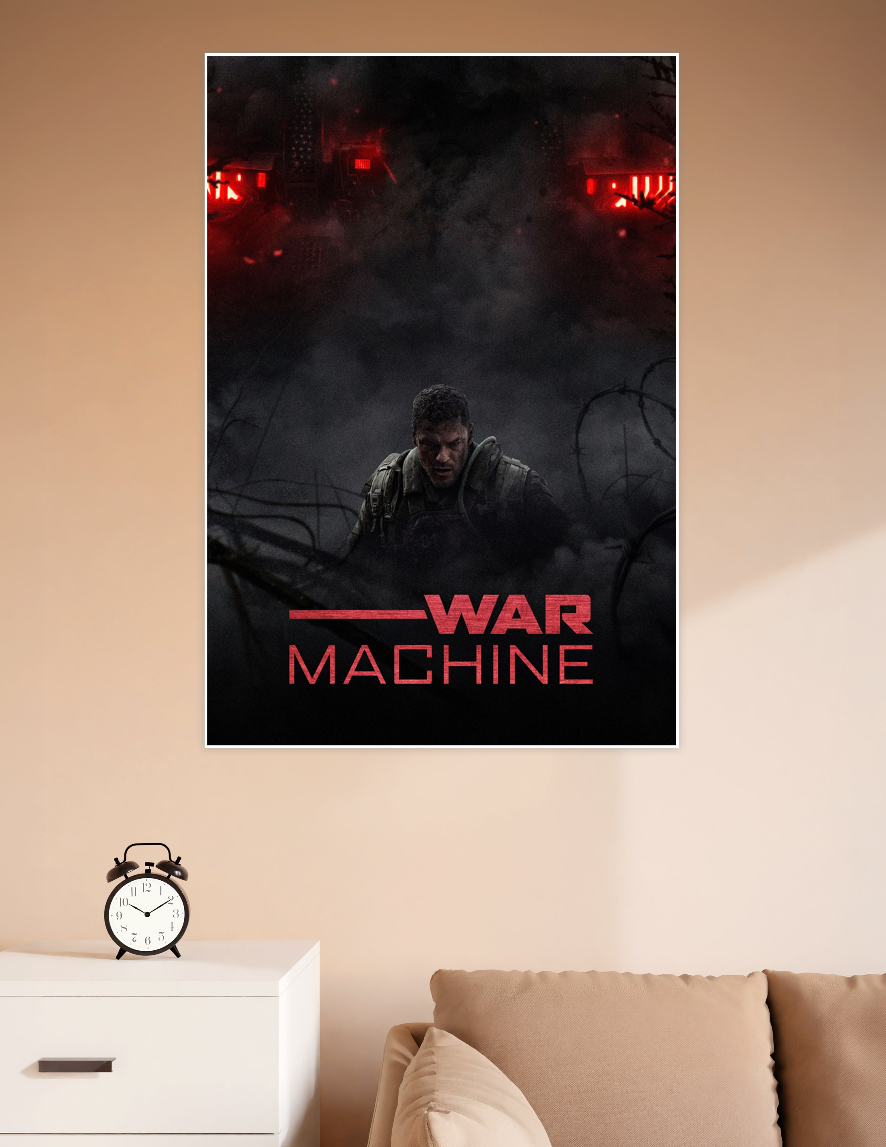 Dark cinematic War Machine movie poster showing a battle-worn soldier crouching beneath glowing red-eyed mechanical war machines in a smoky battlefield