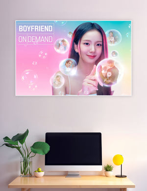 Boyfriend On Demand K-Drama promotional poster featuring lead actress with glowing bubble portraits of male leads on a pastel pink and teal gradient background