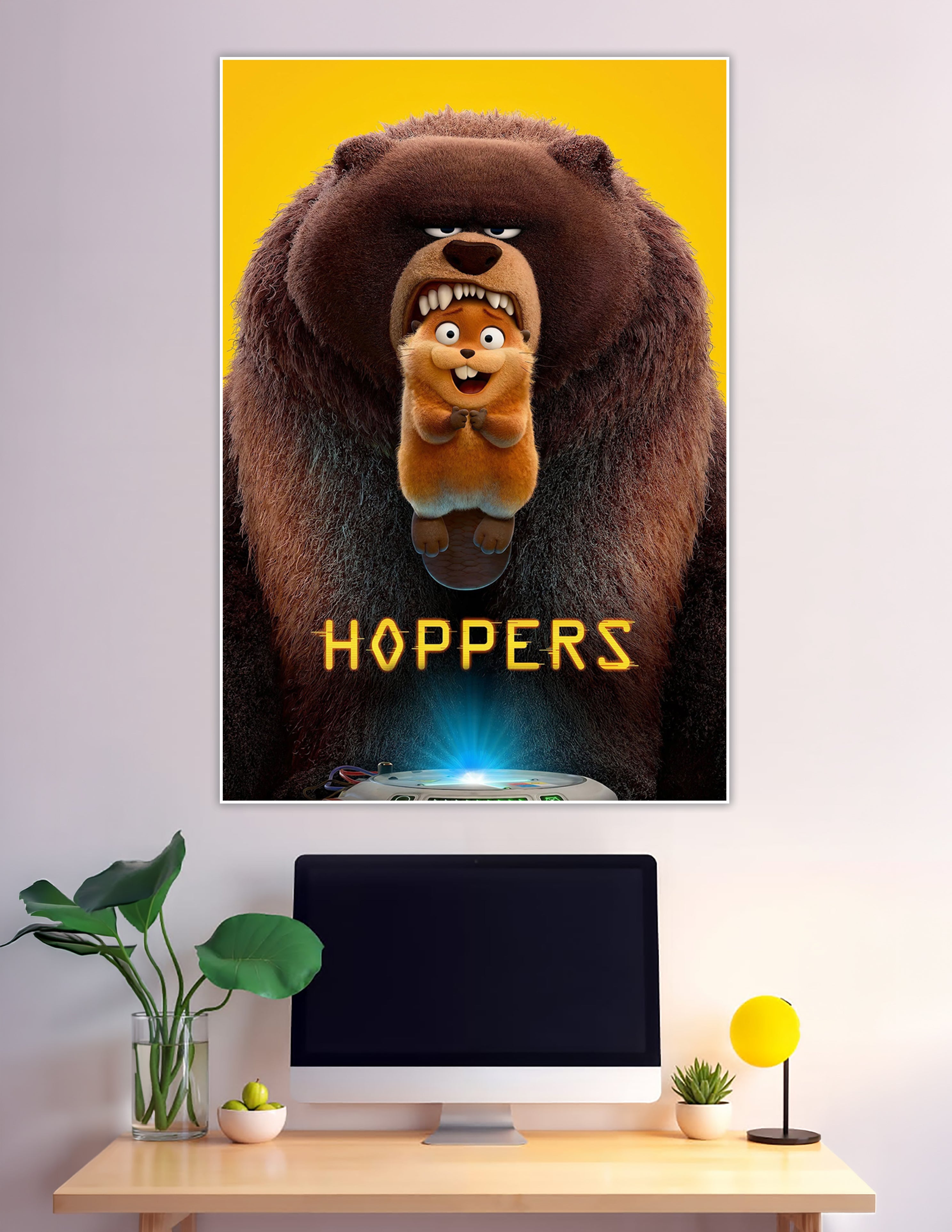 Hoppers animated movie poster showing a large grumpy brown bear holding a happy squirrel in its mouth against a bright yellow background with the title Hoppers below
