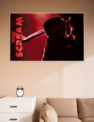 Scream 7 Ghostface silhouette with bloody knife red background
