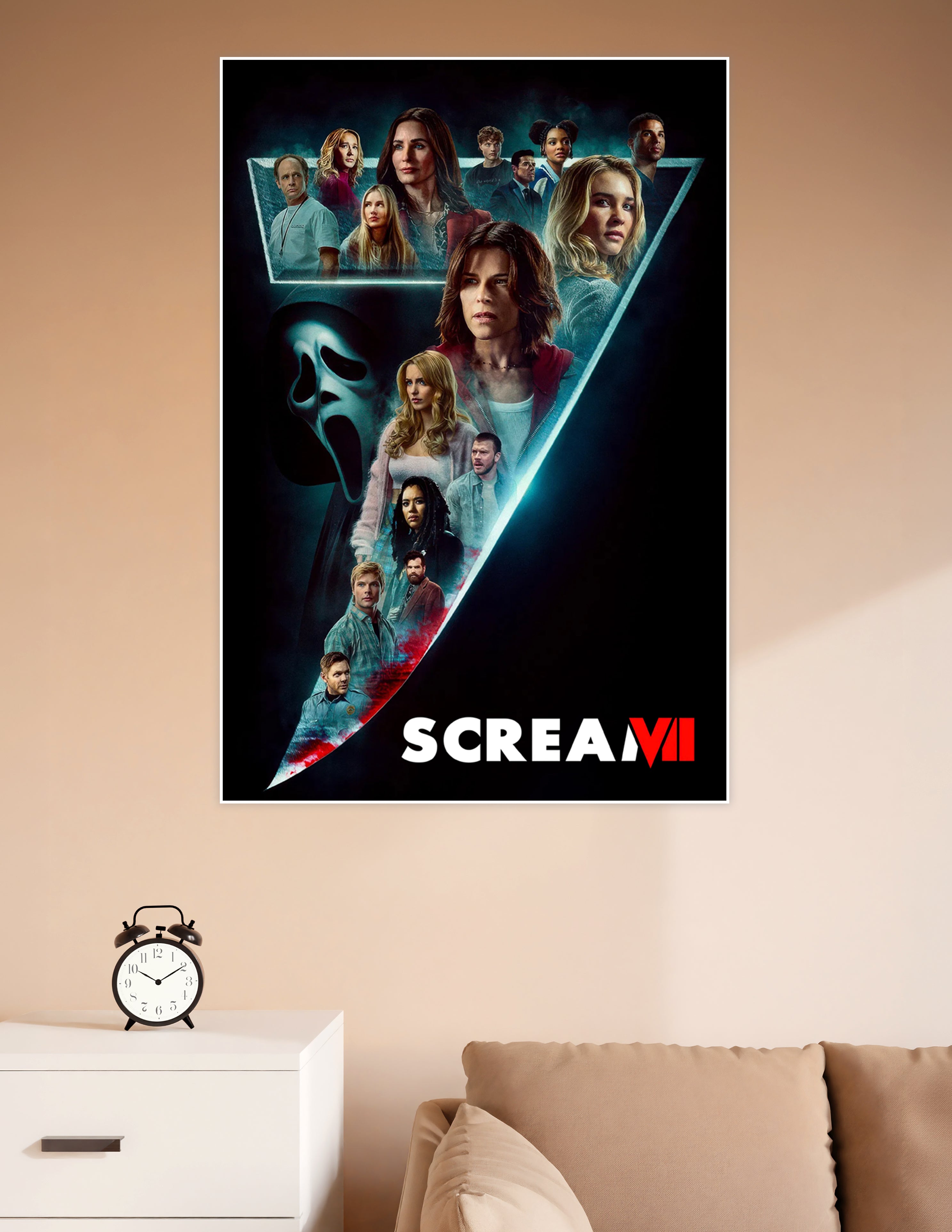 Scream VI official movie poster featuring Ghostface mask and full cast ensemble in dark teal and black dramatic composition