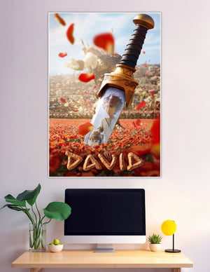 David animated movie poster with golden sword and flowers