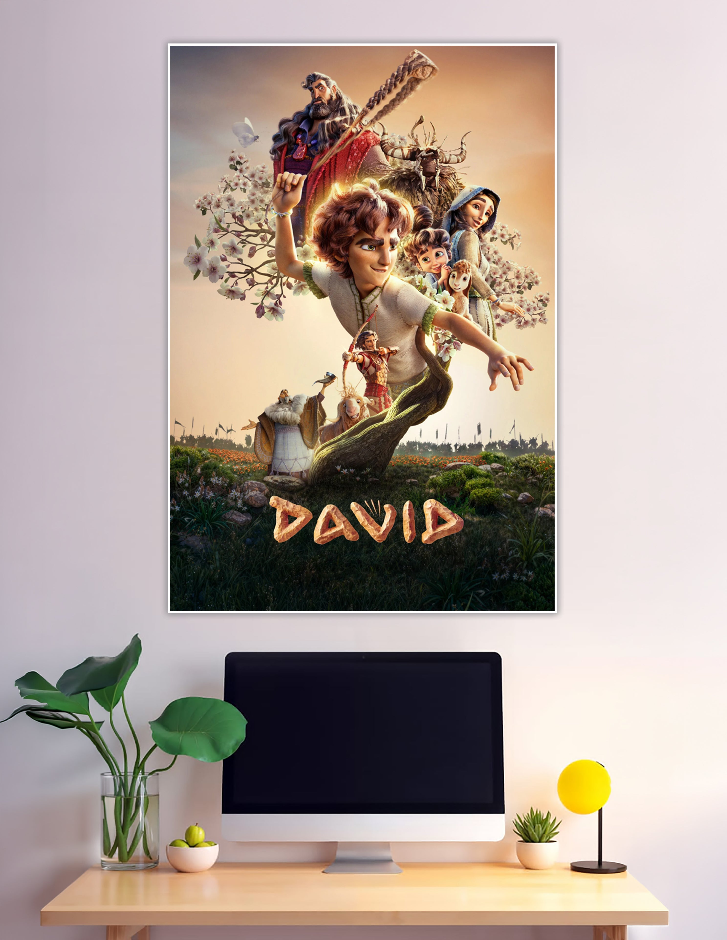 Animated movie poster for David featuring the young hero leaping forward with a sling, surrounded by companions, cherry blossoms, and a glowing golden background