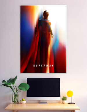 Superman standing in dramatic colorful light wearing iconic cape