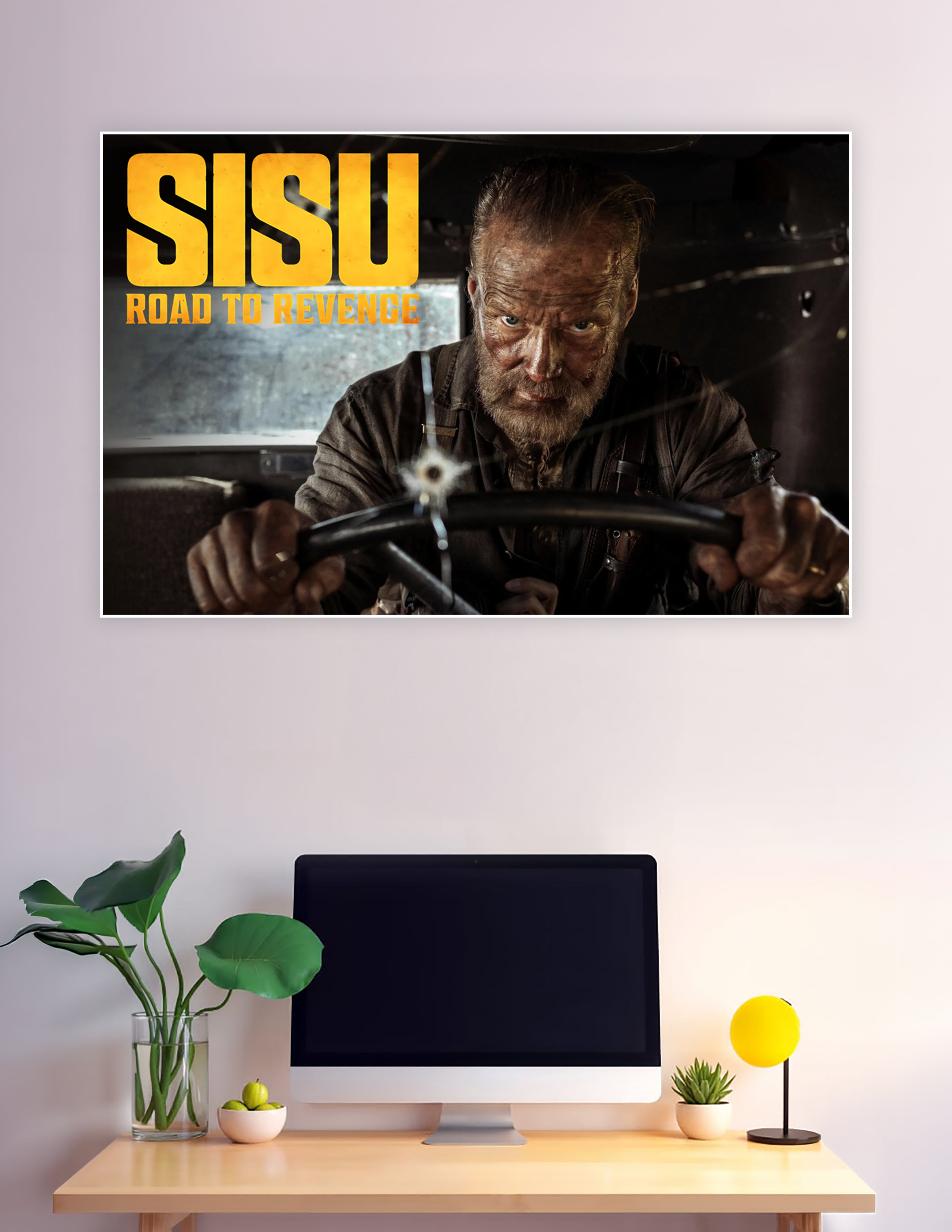 Sisu Road to Revenge movie poster showing a scarred warrior gripping a steering wheel with intense determination, bold yellow title text overlay