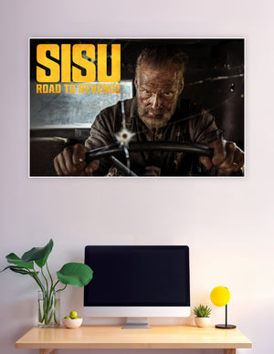 Sisu Road to Revenge movie poster showing a scarred warrior gripping a steering wheel with intense determination, bold yellow title text overlay