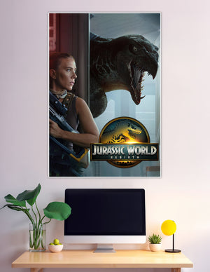 Jurassic World Rebirth official poster with dinosaur and survivor