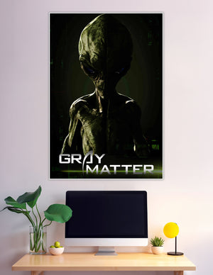 Gray Matter dark alien poster with glowing blue eyes
