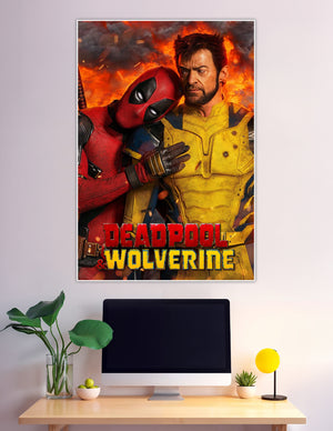 Deadpool and Wolverine standing together against fire background