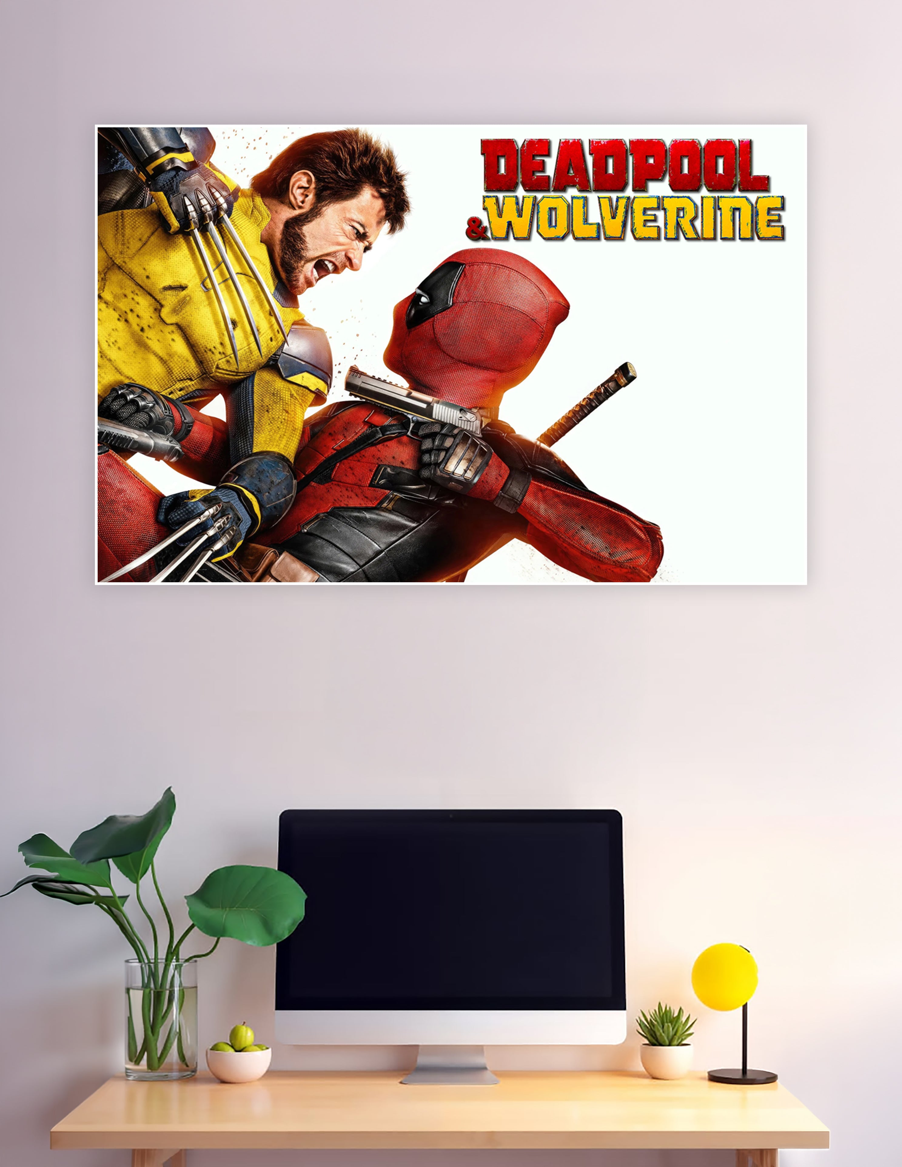 Deadpool and Wolverine face-off movie poster with Deadpool in red suit holding a gun and Wolverine in yellow suit with adamantium claws extended