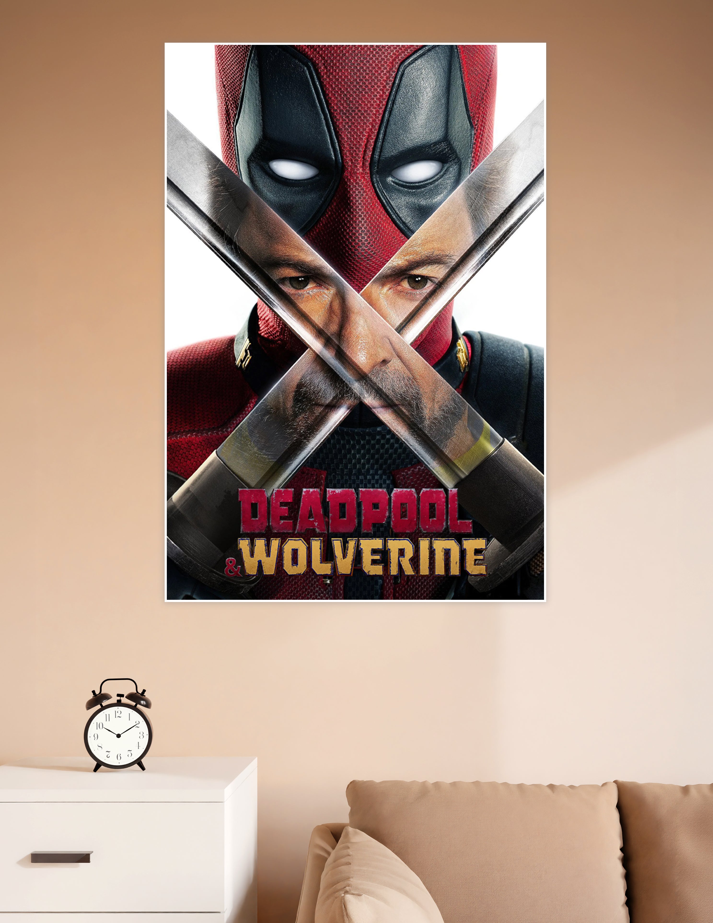 Deadpool and Wolverine official movie poster featuring Deadpool's masked face above Wolverine with crossed adamantium claws forming an X shape