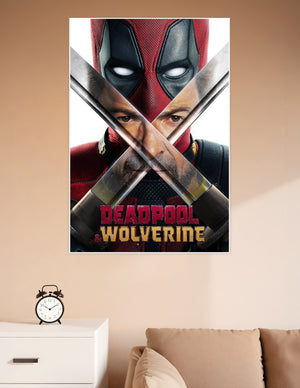 Deadpool and Wolverine official movie poster featuring Deadpool's masked face above Wolverine with crossed adamantium claws forming an X shape