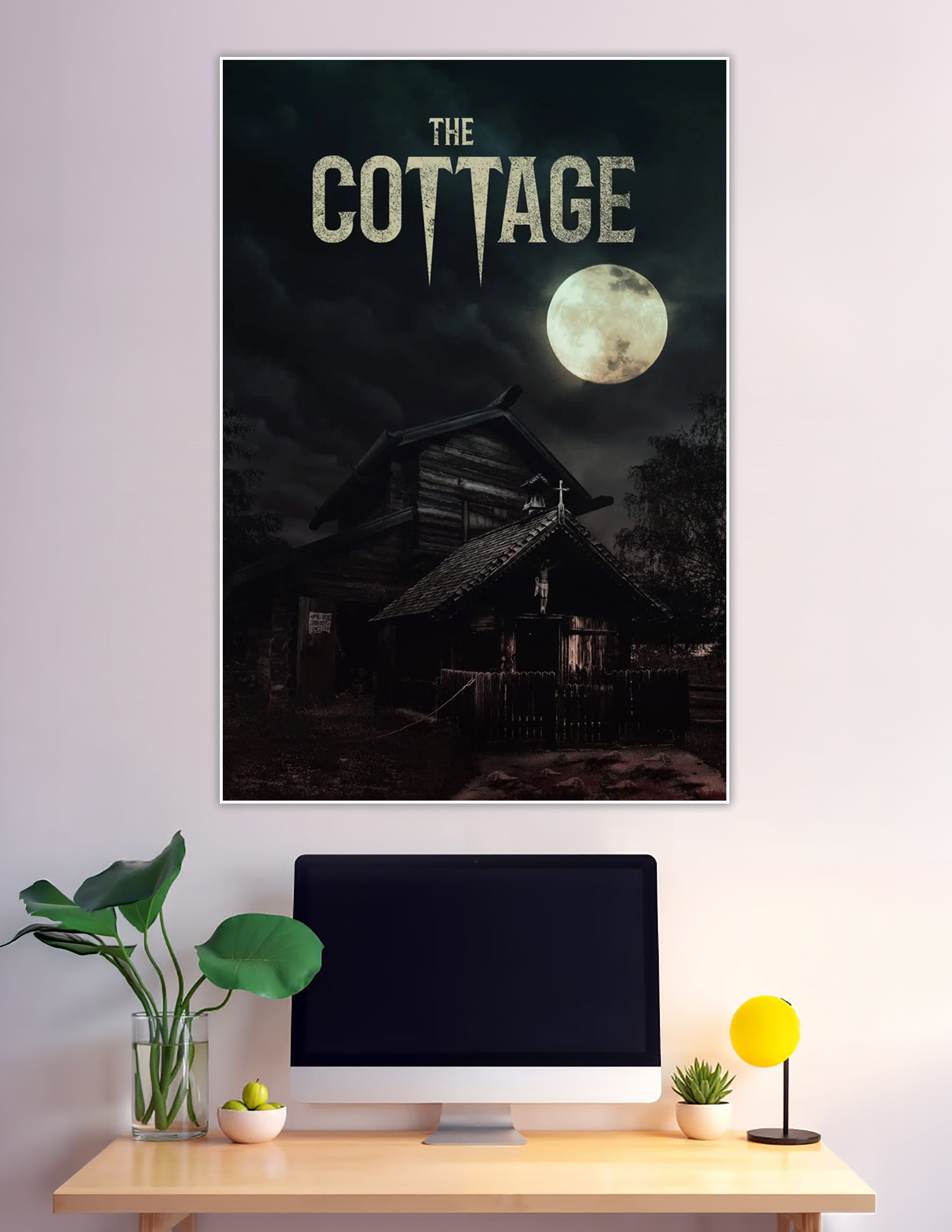 The Cottage horror movie poster showing a dark abandoned wooden cottage under a glowing full moon against a stormy night sky with gothic distressed title text