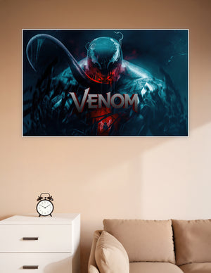 Venom Marvel symbiote dark art poster with glowing red mouth, white eyes, and teal shadows on a dramatic black background