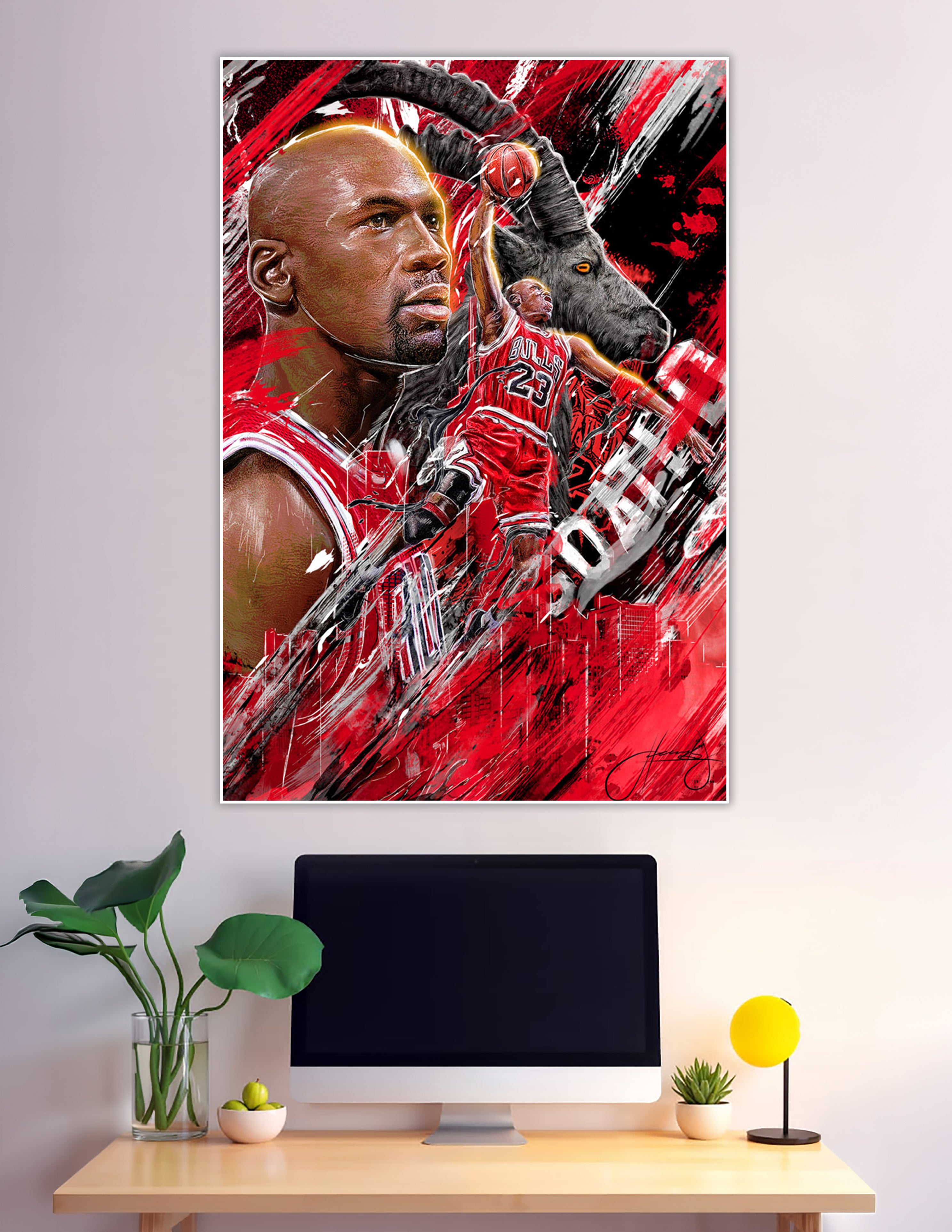 Dynamic digital art poster of Michael Jordan in Chicago Bulls #23 jersey dunking a basketball with a GOAT silhouette in red and black brushstroke style