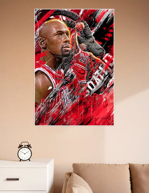 Dynamic digital art poster of Michael Jordan in Chicago Bulls #23 jersey dunking a basketball with a GOAT silhouette in red and black brushstroke style