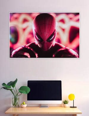 Close-up of Spider-Man's red and black mask glowing in vivid crimson neon light against a blurred pink neon background, premium wall poster print