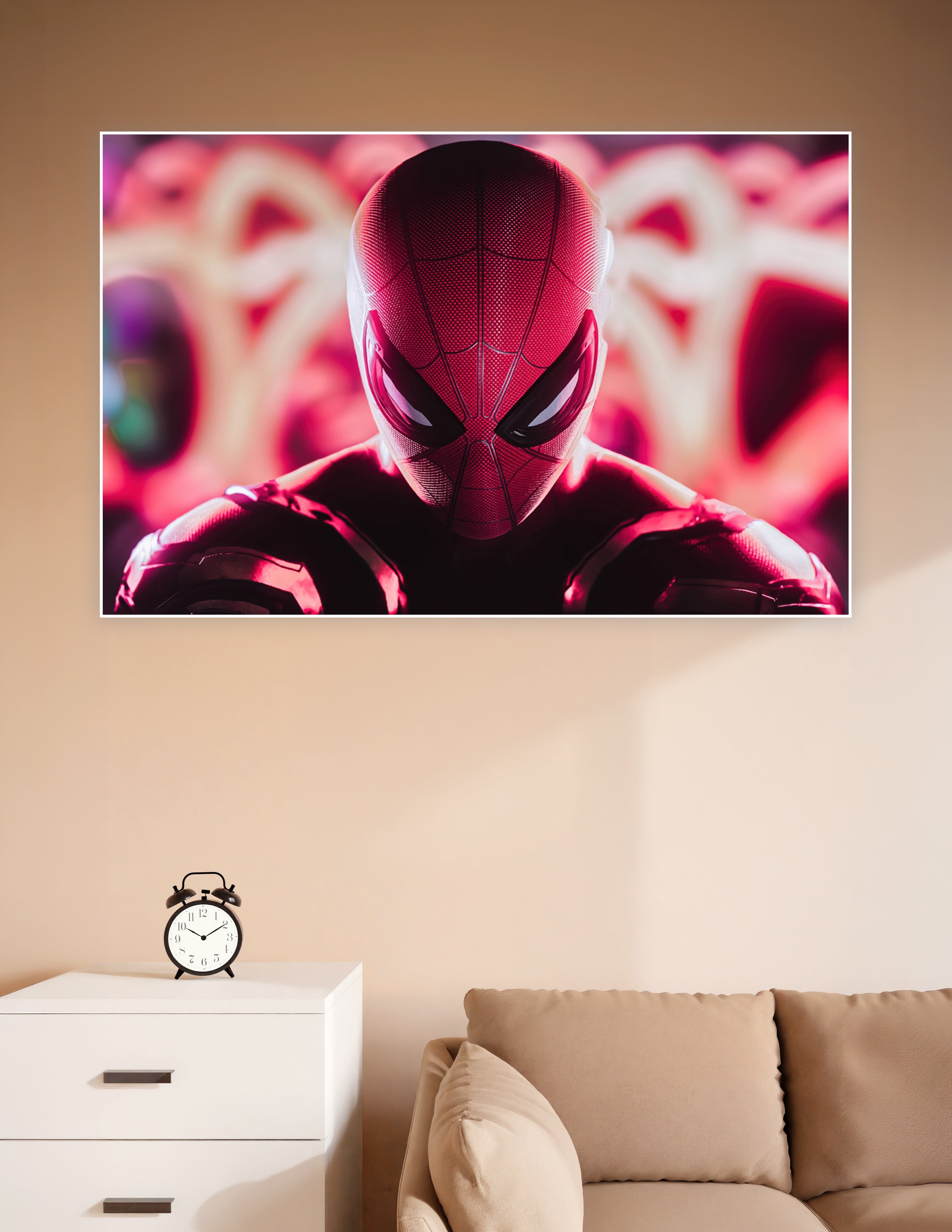 Close-up of Spider-Man's red and black mask glowing in vivid crimson neon light against a blurred pink neon background, premium wall poster print