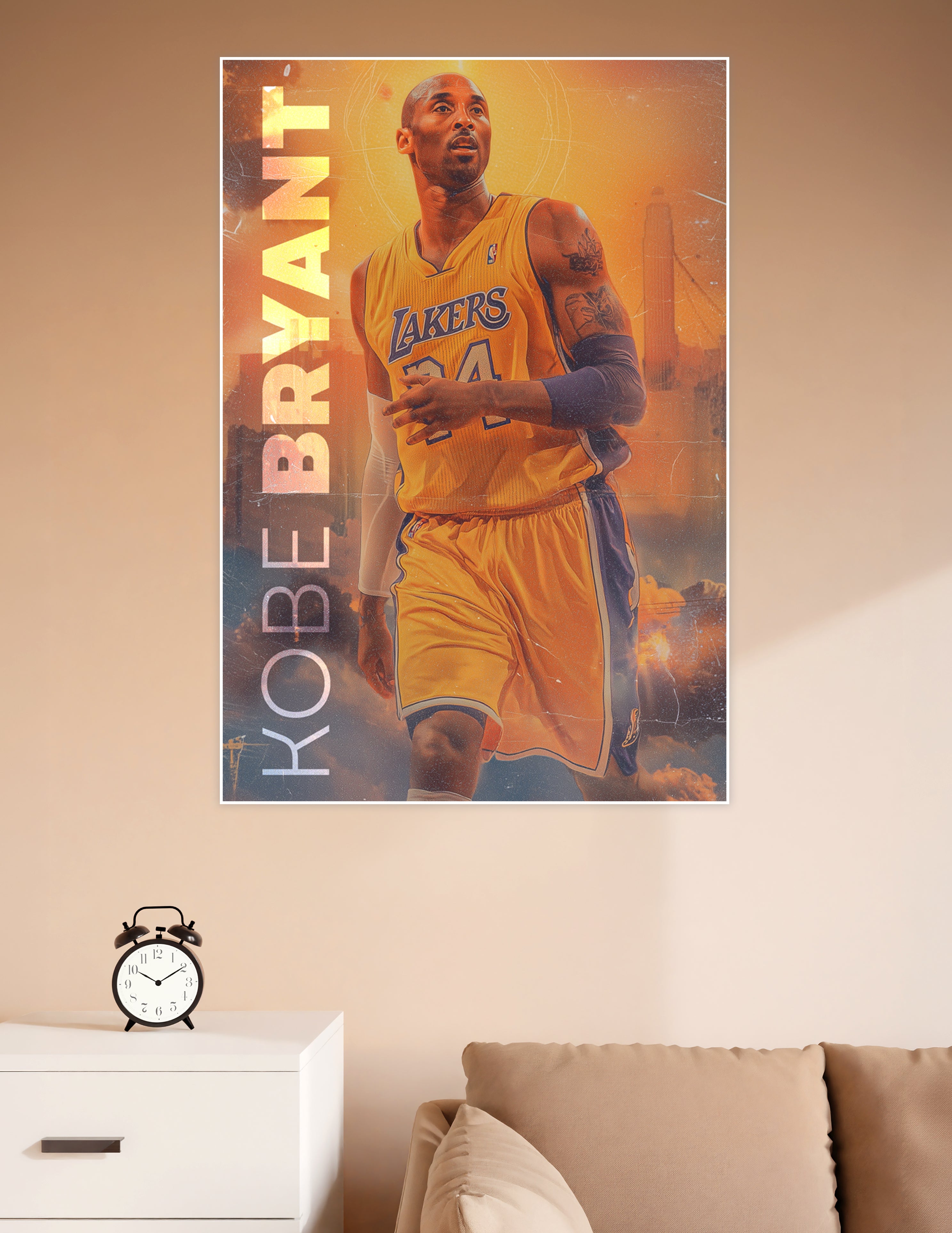 Kobe Bryant wearing Los Angeles Lakers #24 yellow jersey on a fiery golden background tribute poster
