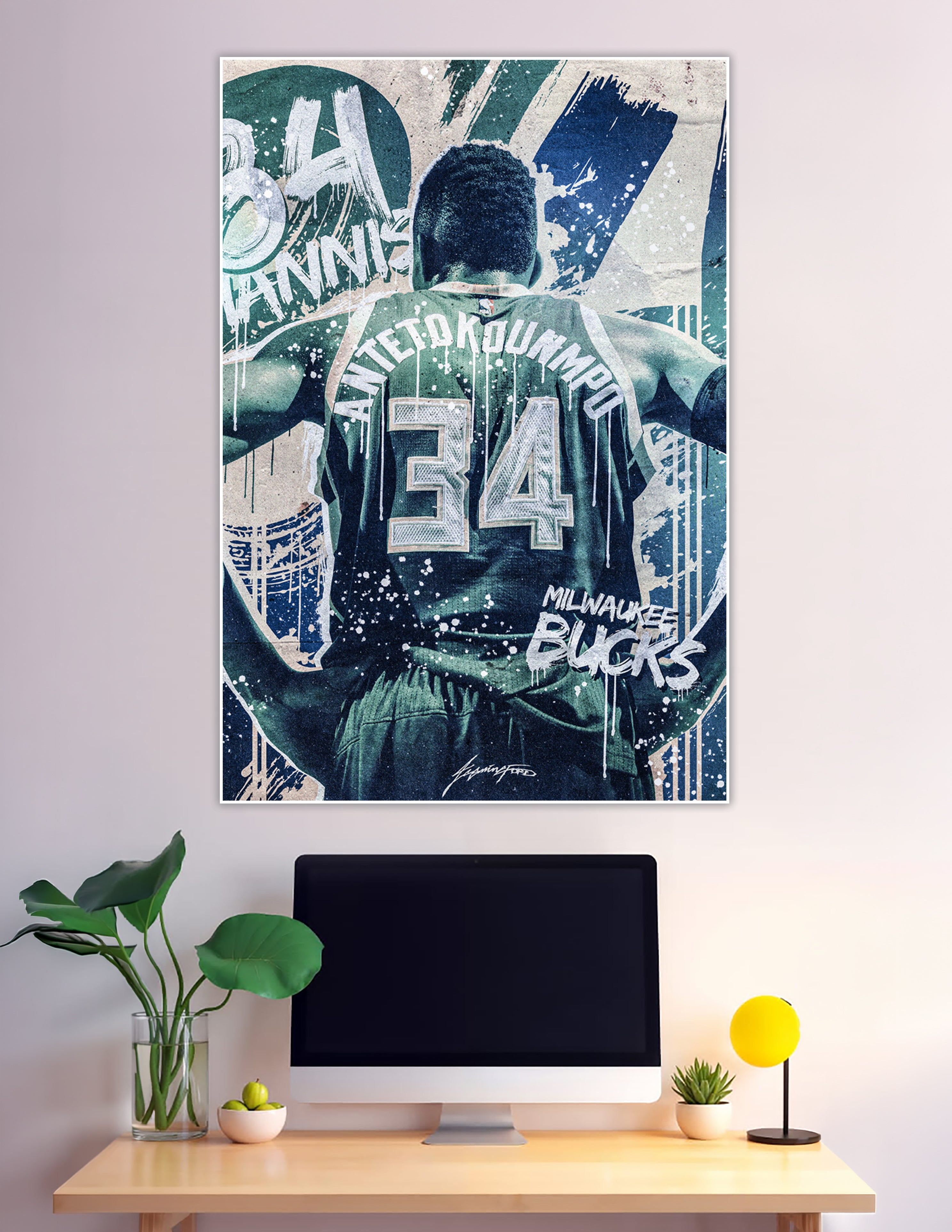 Giannis Antetokounmpo Milwaukee Bucks #34 jersey back view street art style poster with graffiti drip effects in green and blue