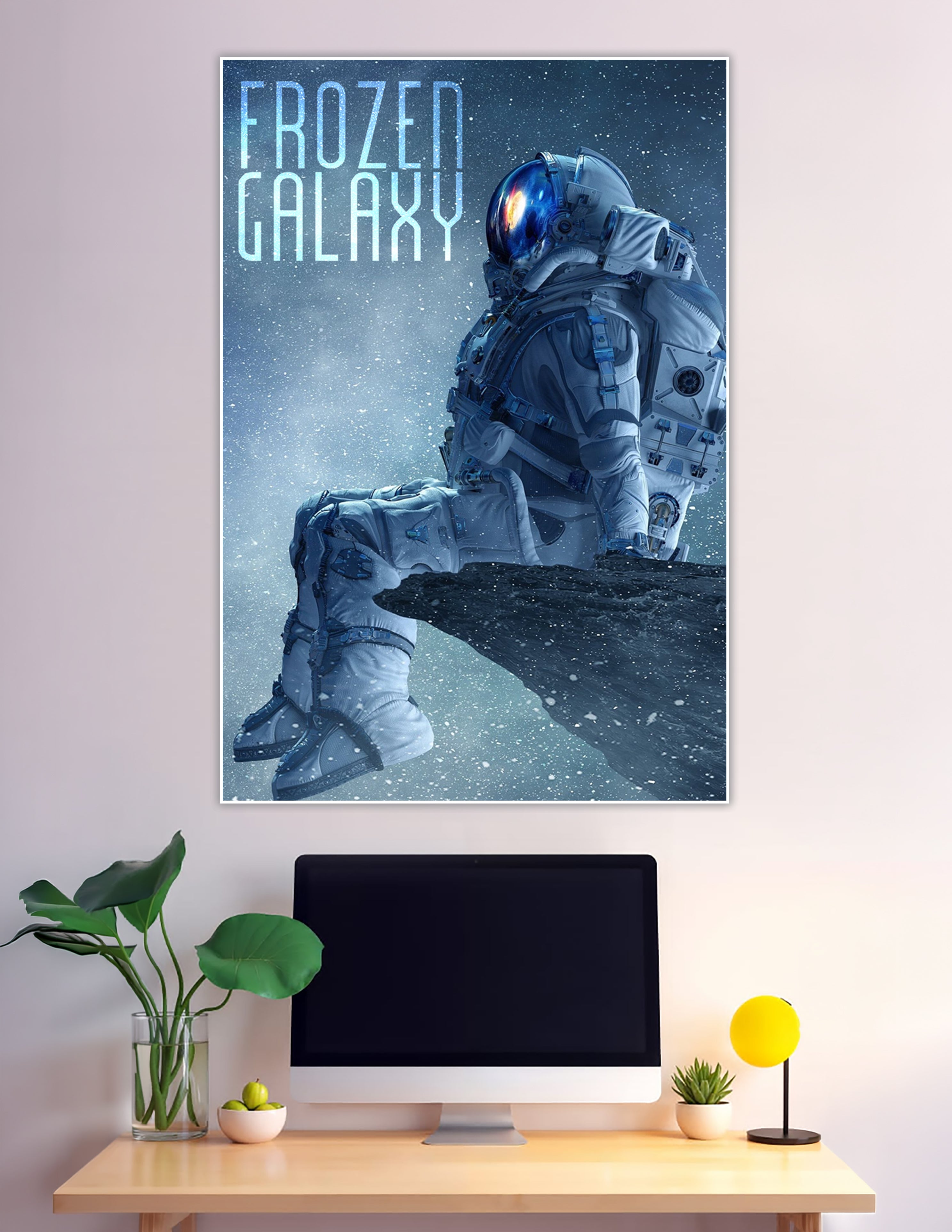 Astronaut sitting on icy cliff in frozen galaxy