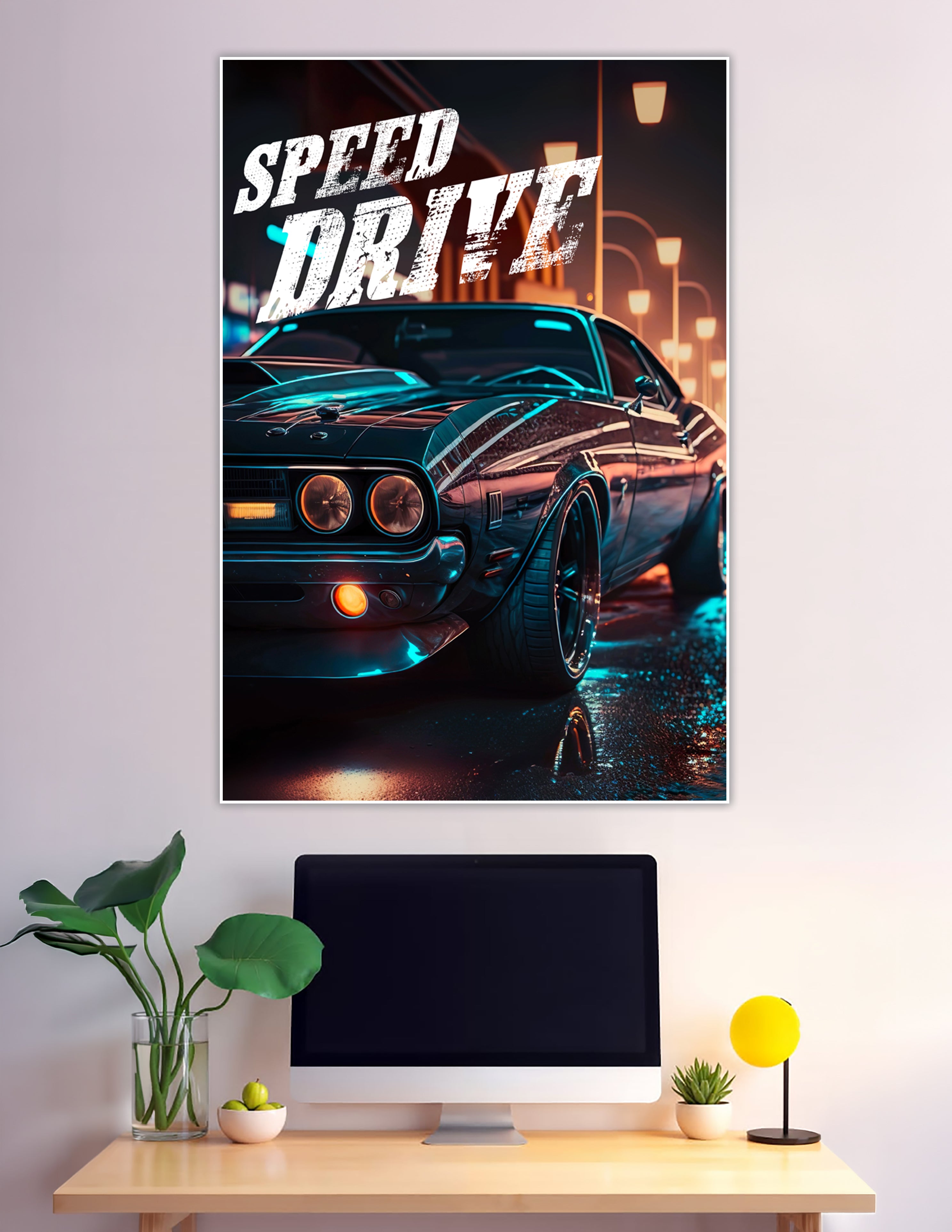 Neon-lit classic muscle car on rainy night street