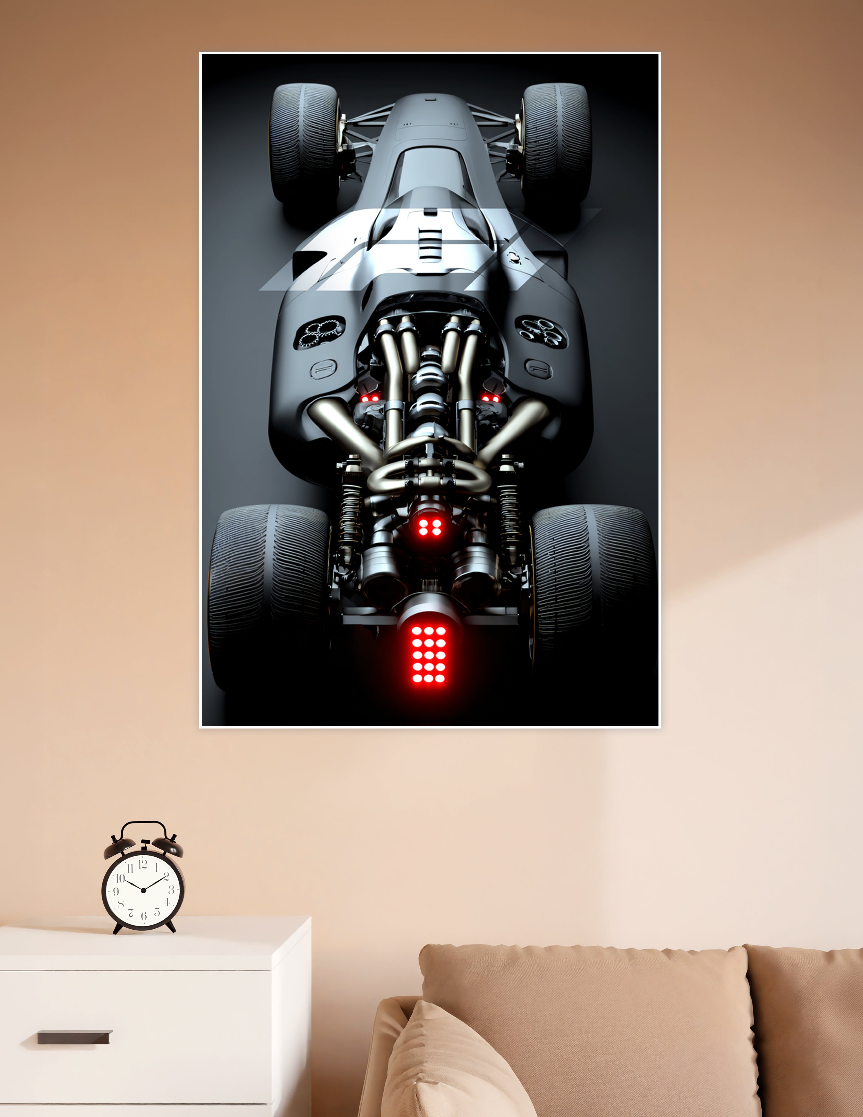 Top-down view of a formula racing car with exposed V-engine, polished exhaust headers, glowing red lights, and dark studio background