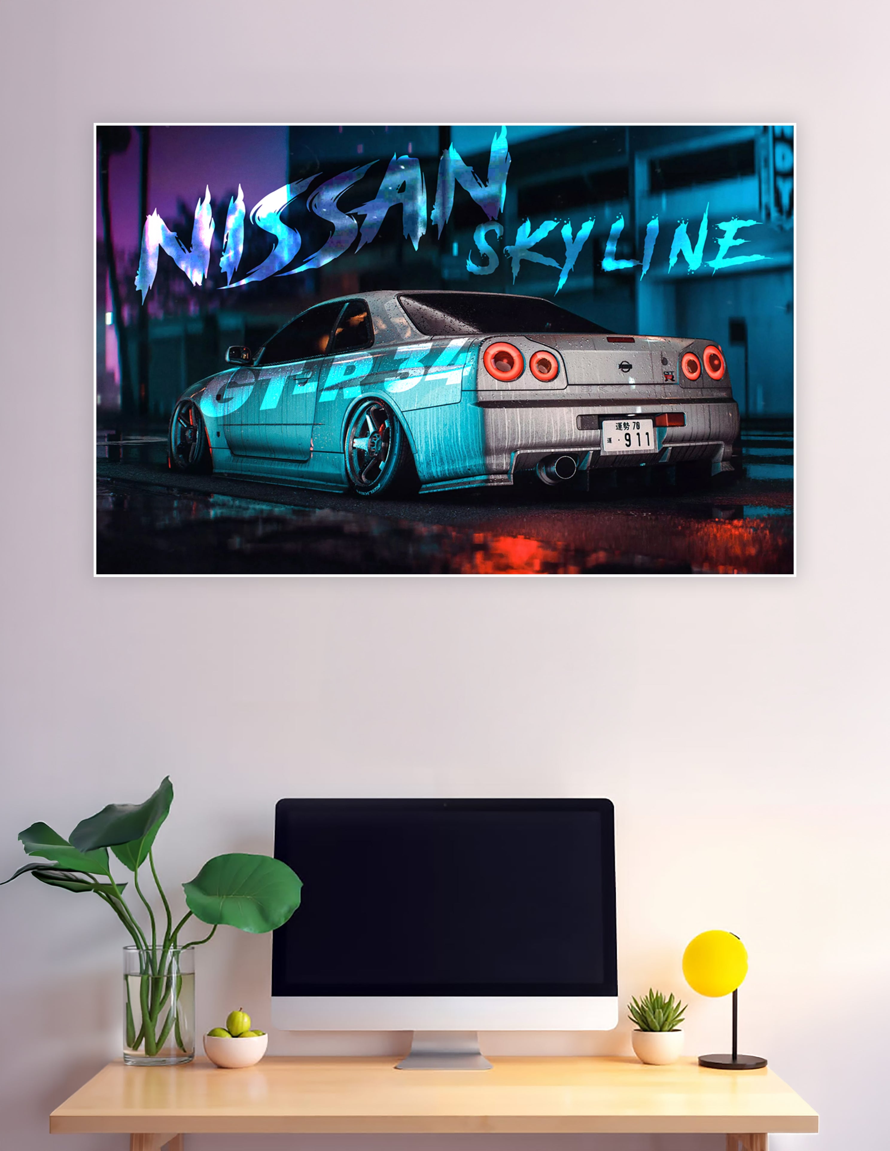 Nissan Skyline GT-R34 neon cyberpunk digital art poster
