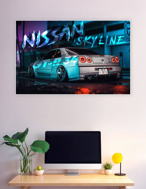 Nissan Skyline GT-R34 neon cyberpunk digital art poster