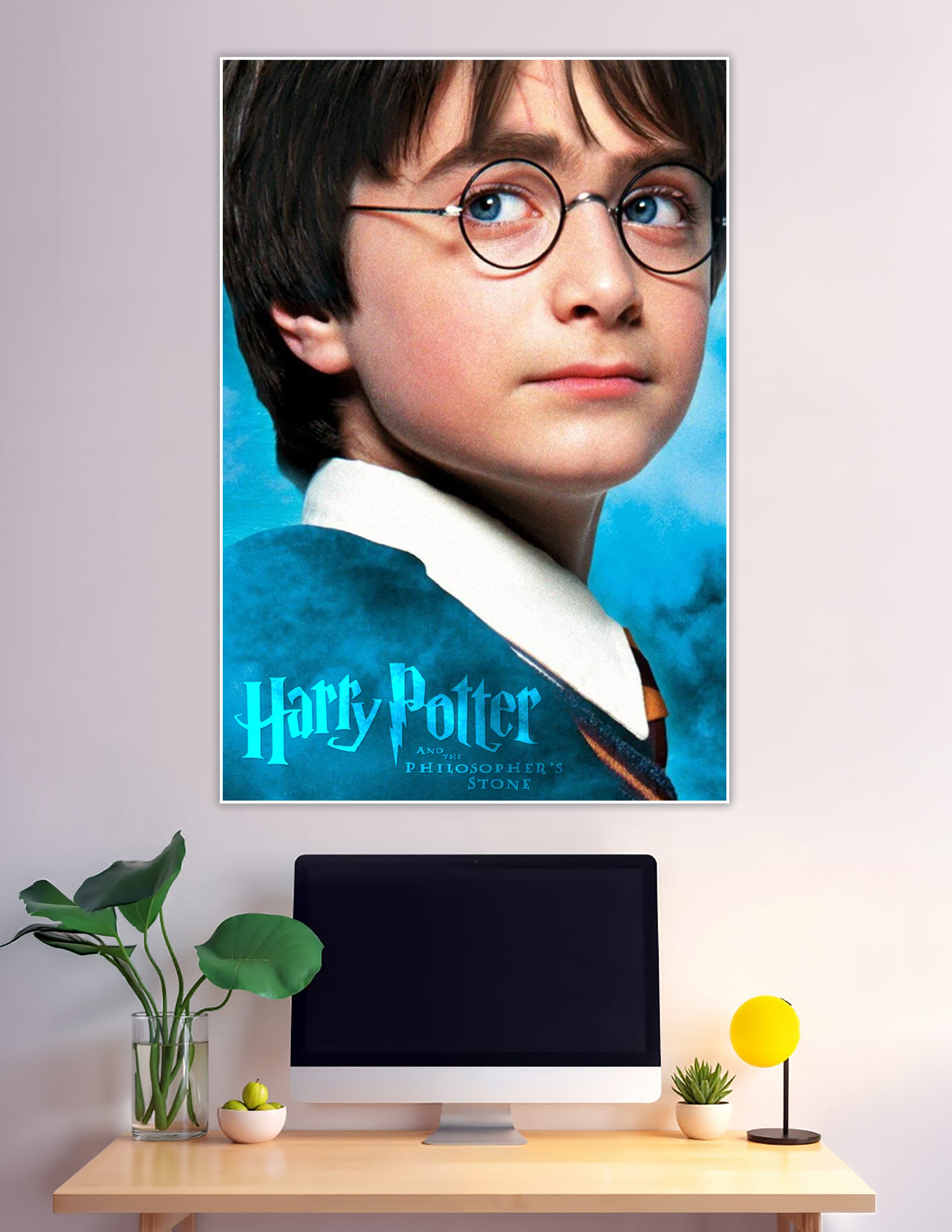 Harry Potter and the Philosopher's Stone movie poster featuring a close-up of young Harry Potter wearing round glasses and Hogwarts robes against a teal blue background