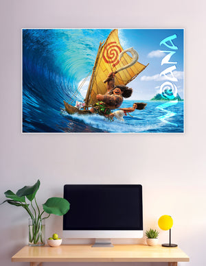 Disney Moana animated movie poster showing Moana and Maui sailing on a giant ocean wave with Pua the pig and a golden sail