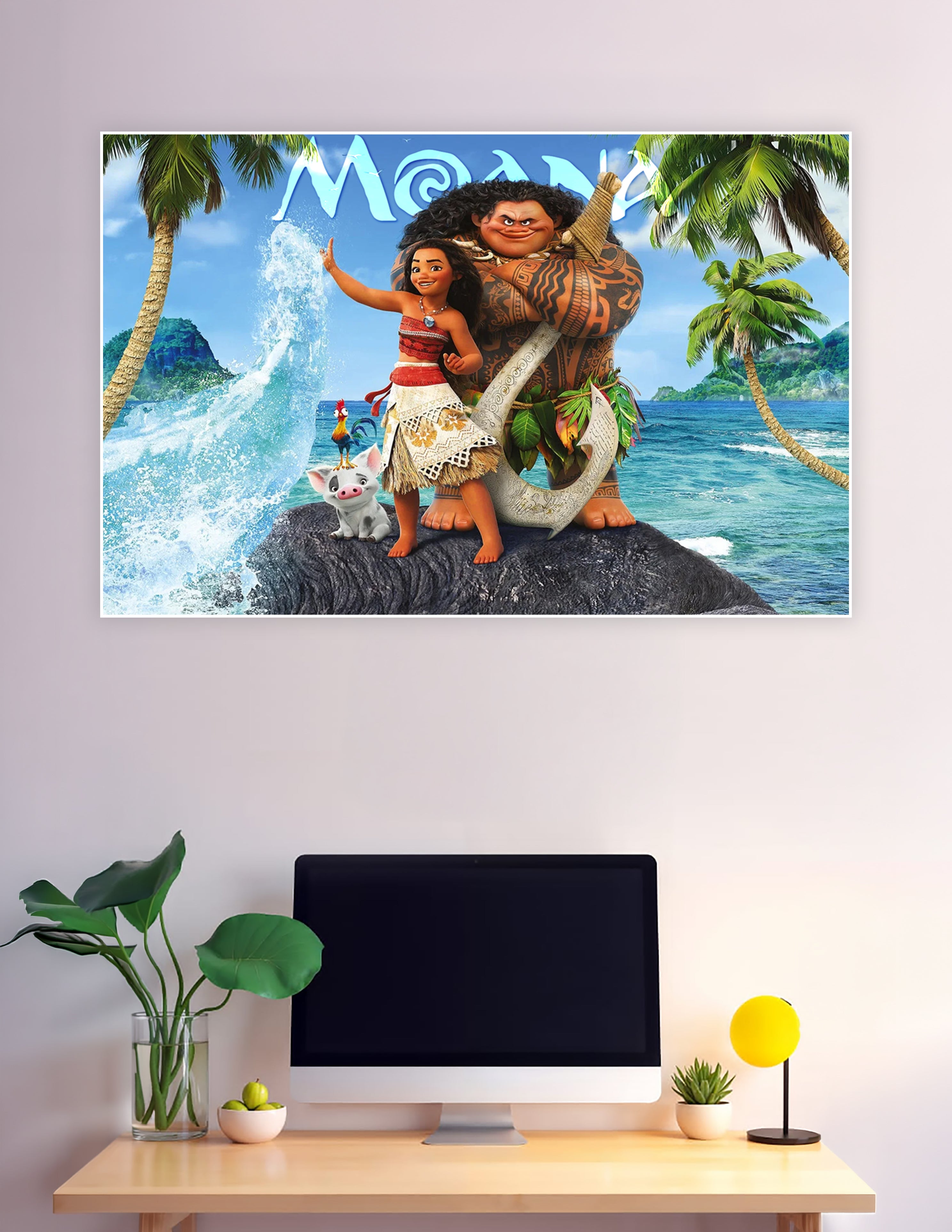 Disney Moana movie poster featuring Moana and Maui standing on a rock with Pua the pig and Hei Hei the rooster, ocean and palm trees in the background