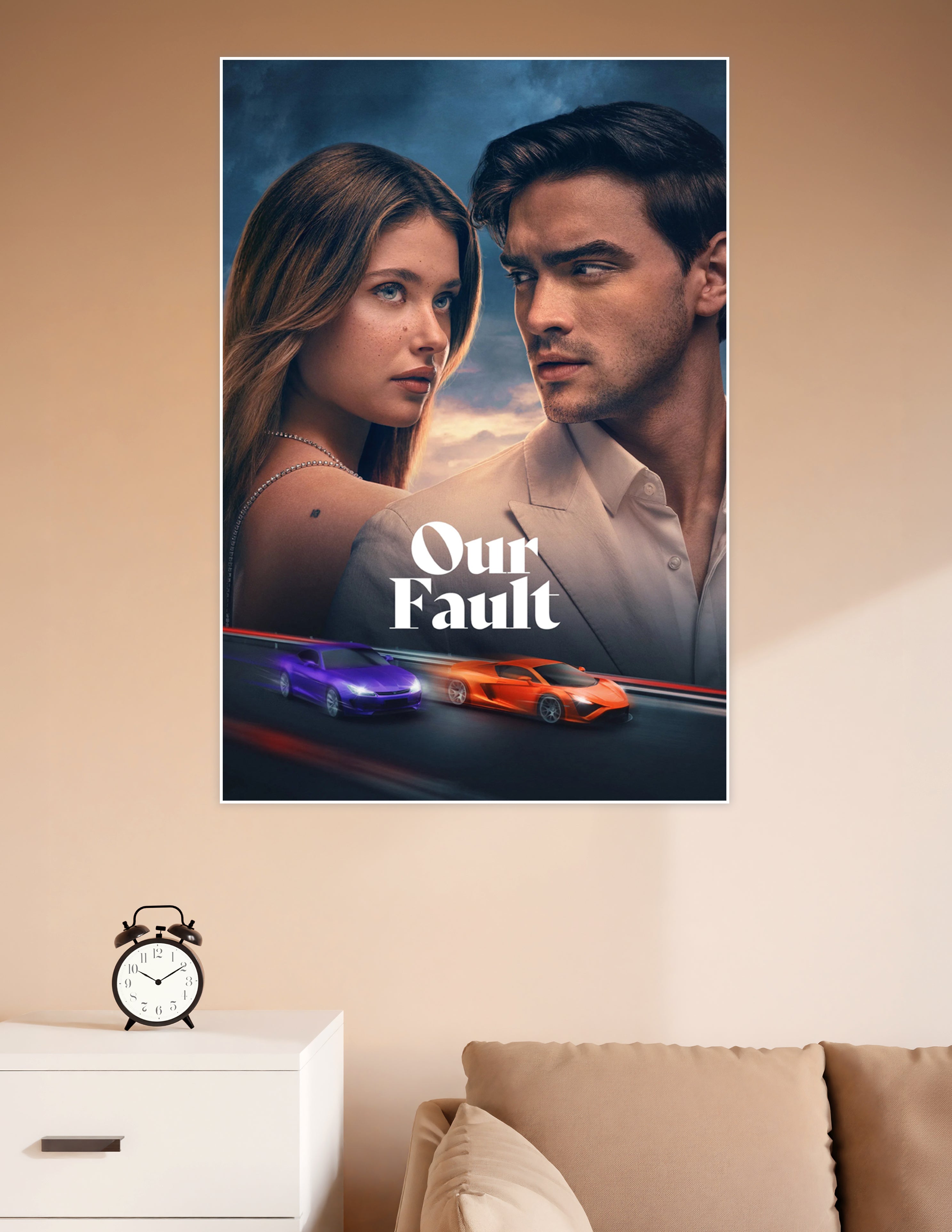 Our Fault movie poster print featuring two leads in a dramatic romantic gaze with orange and purple supercars racing below against a stormy sky