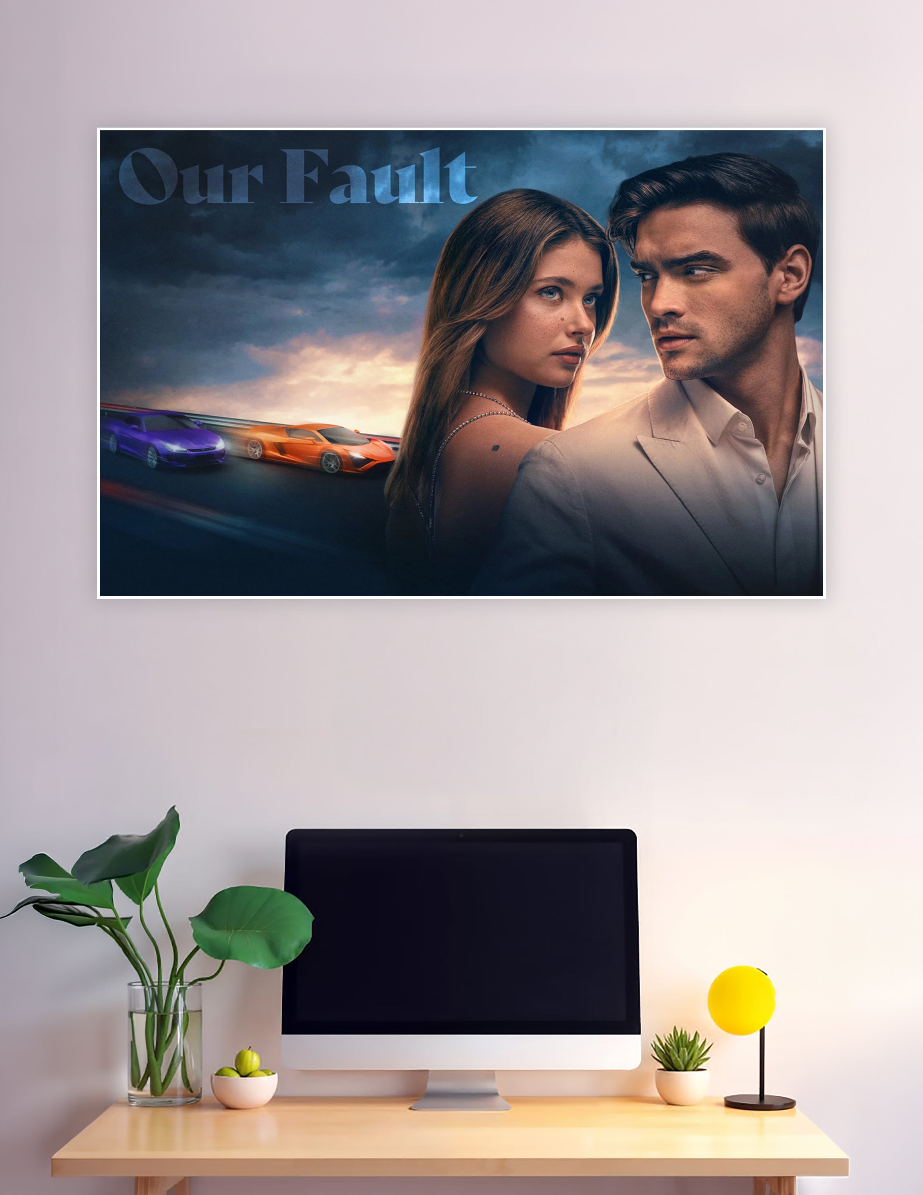 Our Fault movie poster featuring a romantic couple with dramatic storm clouds and orange and purple supercars racing in the background