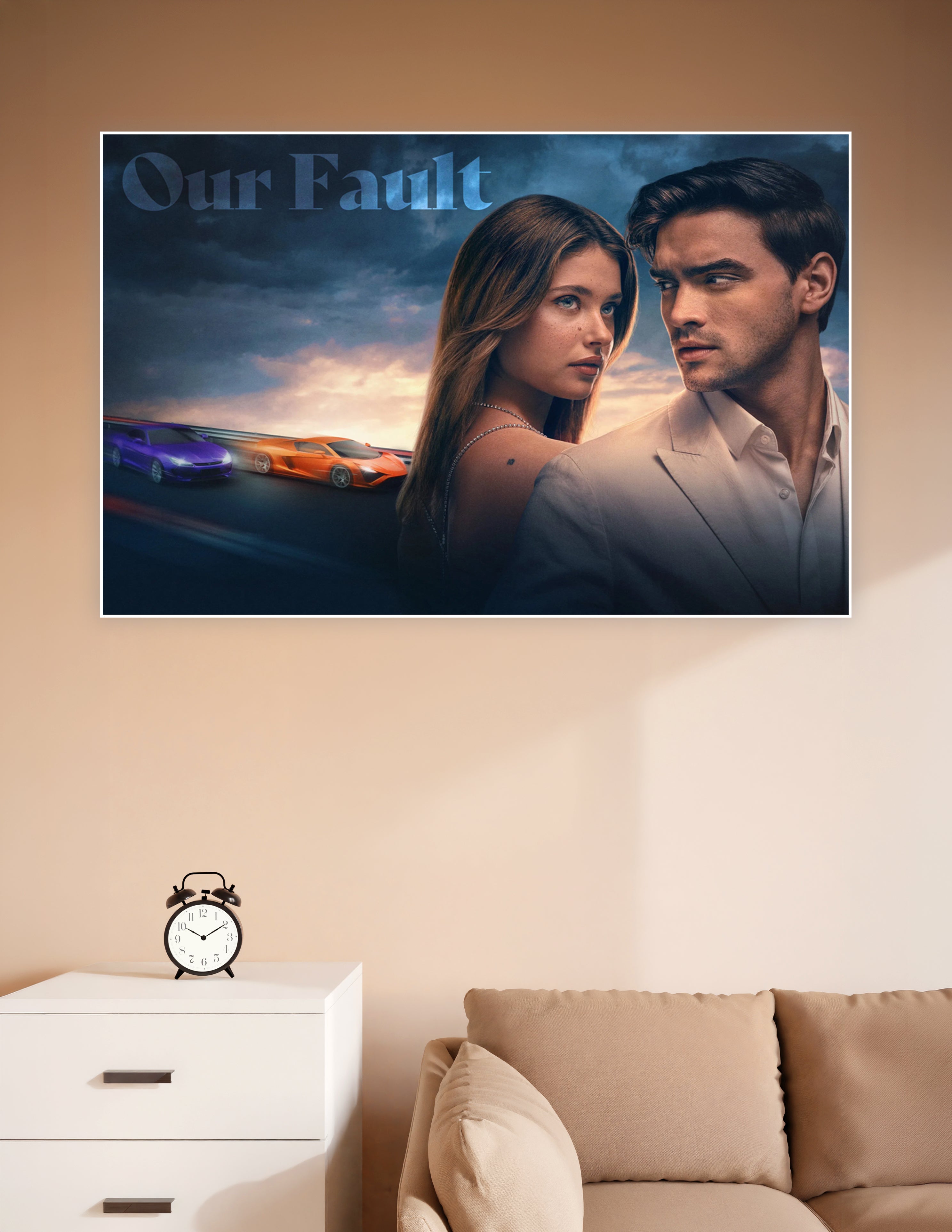 Our Fault movie poster featuring a romantic couple with dramatic storm clouds and orange and purple supercars racing in the background