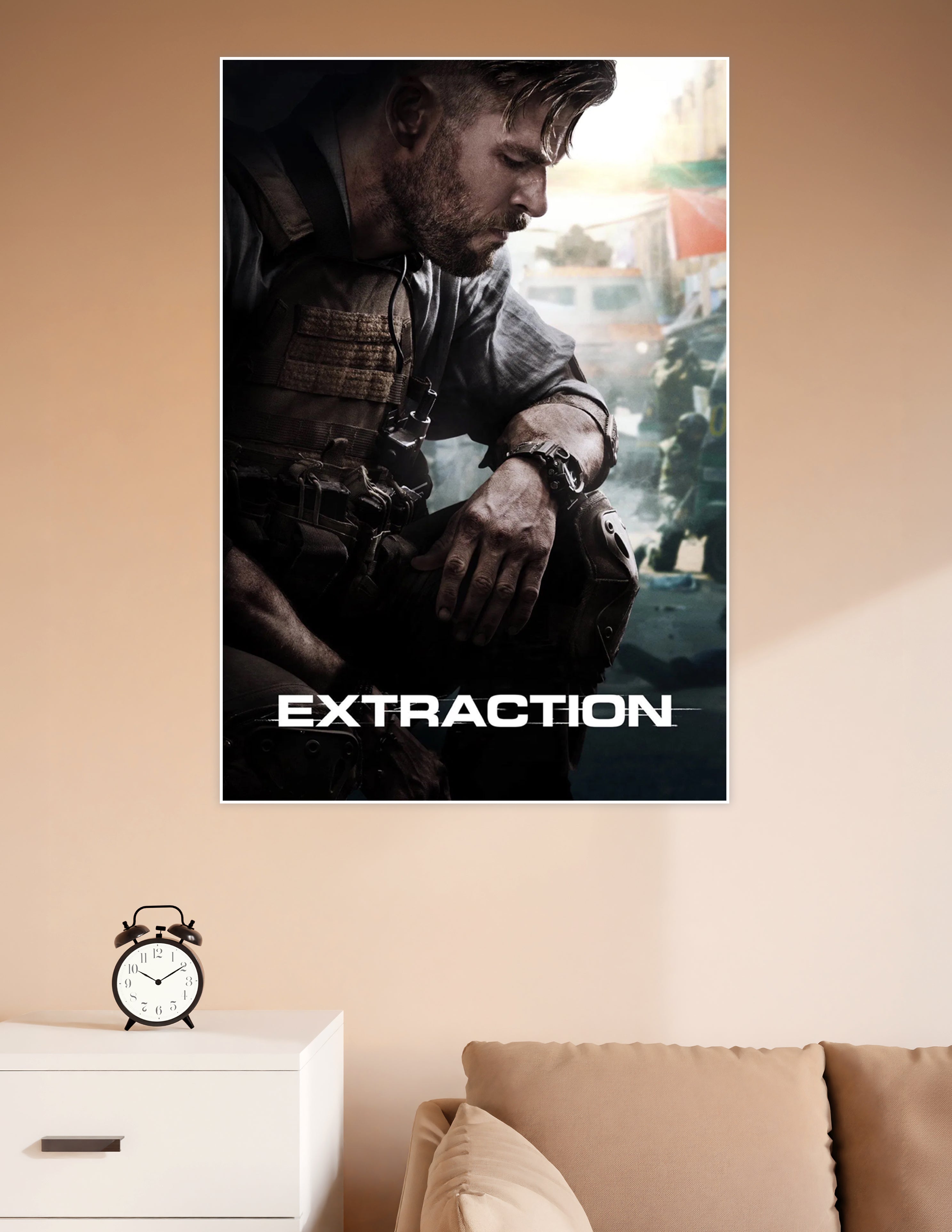 Extraction movie poster showing a battle-worn soldier in tactical vest and gear with a cinematic urban backdrop and the title 'Extraction' at the bottom