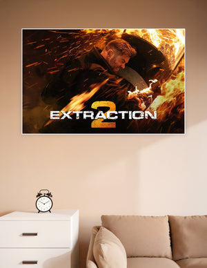Extraction 2 movie poster showing Tyler Rake in intense action surrounded by fire and sparks on a dramatic orange background