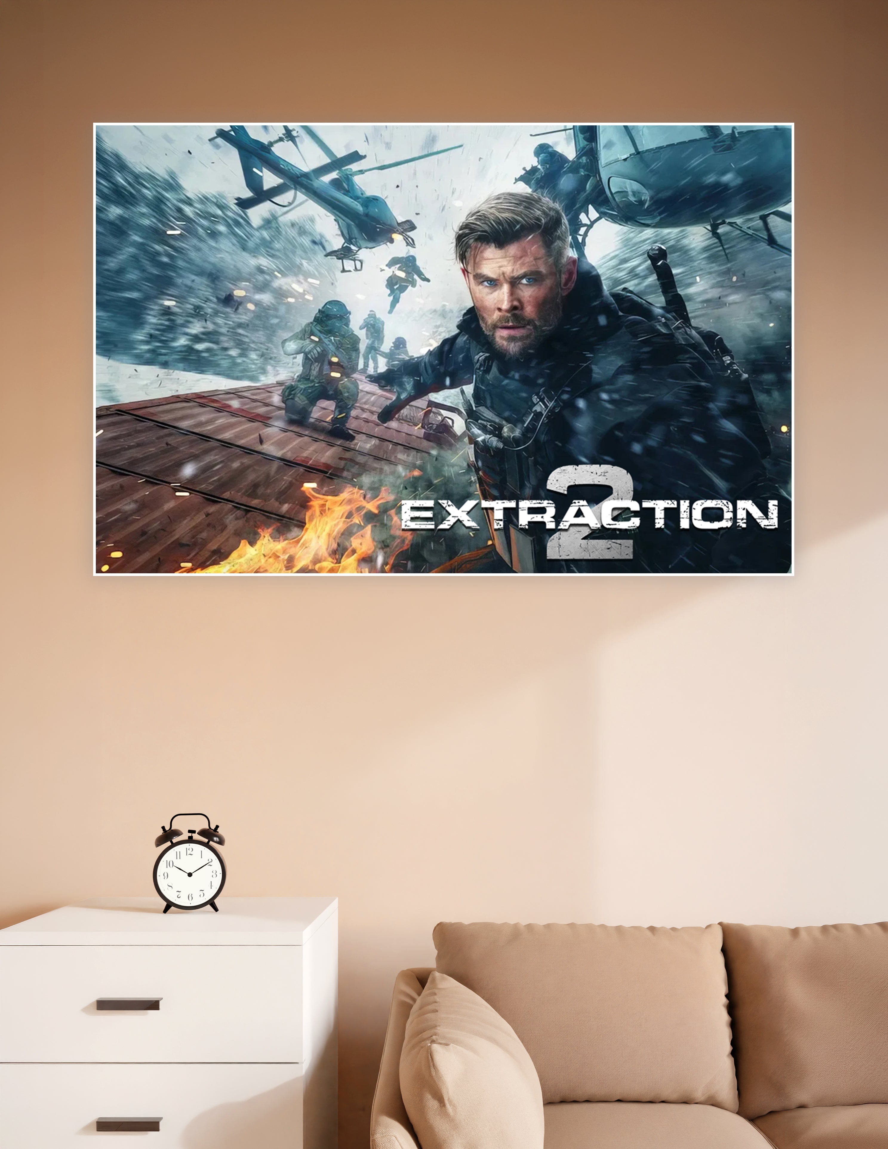 Extraction 2 movie poster featuring a battle-ready hero in tactical gear surrounded by helicopters, soldiers, fire, and snow in an intense action scene