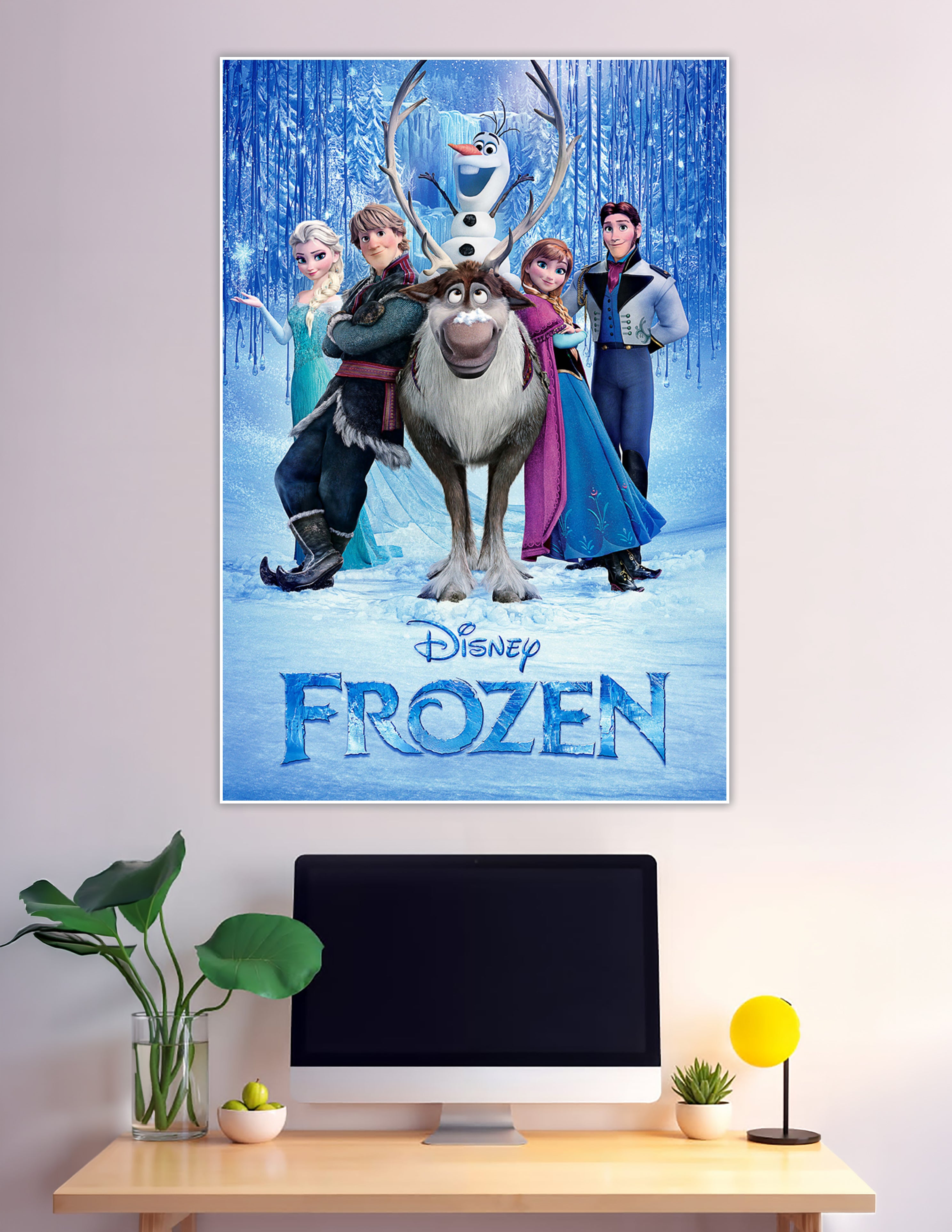 Disney Frozen official movie poster featuring Elsa, Anna, Kristoff, Sven, Olaf, and Hans in a magical icy winter wonderland background