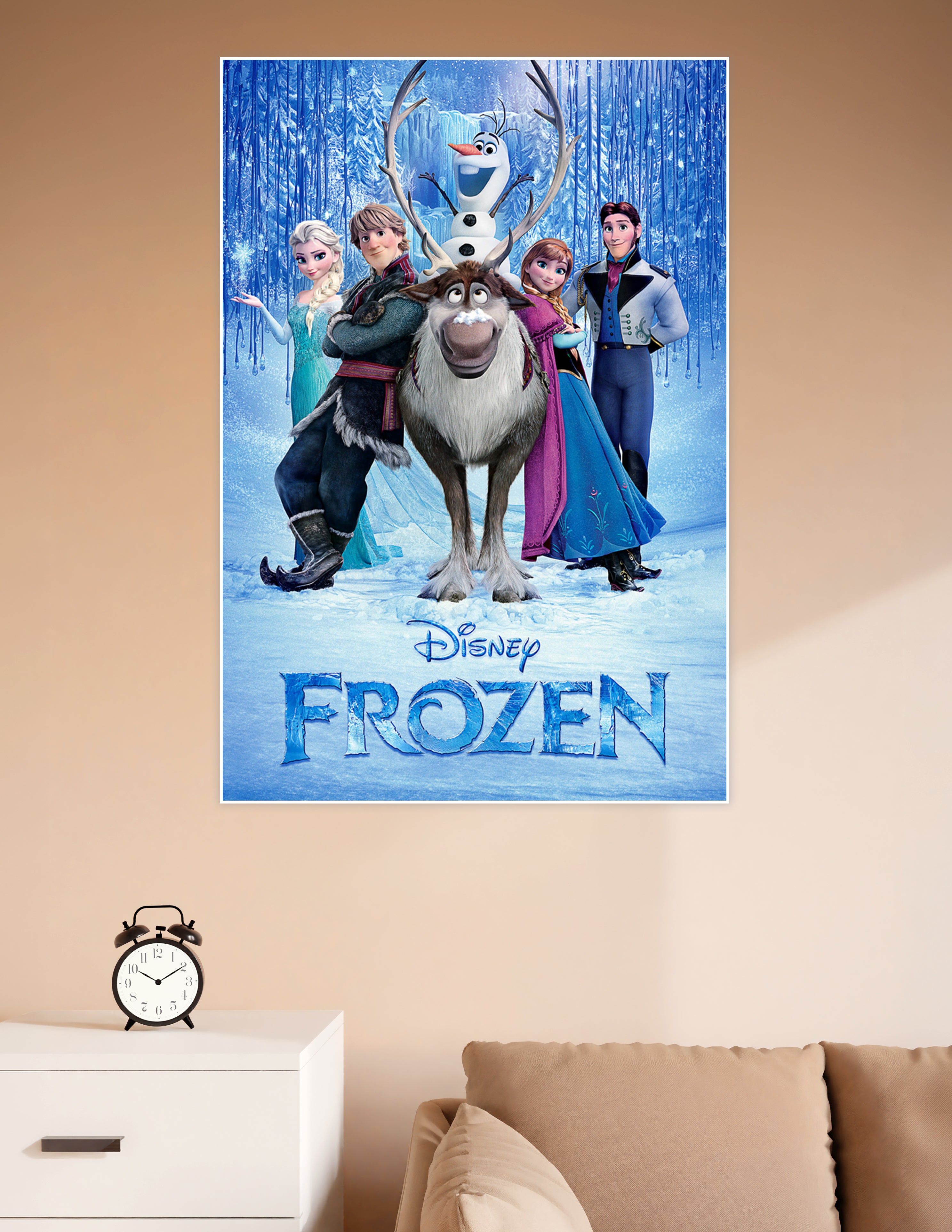 Disney Frozen official movie poster featuring Elsa, Anna, Kristoff, Sven, Olaf, and Hans in a magical icy winter wonderland background