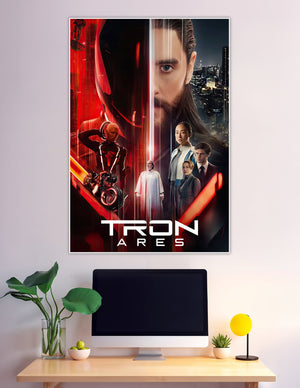 TRON Ares official movie poster featuring a bearded male lead, neon red Grid characters, light cycle, and futuristic cityscape on a dark dramatic background